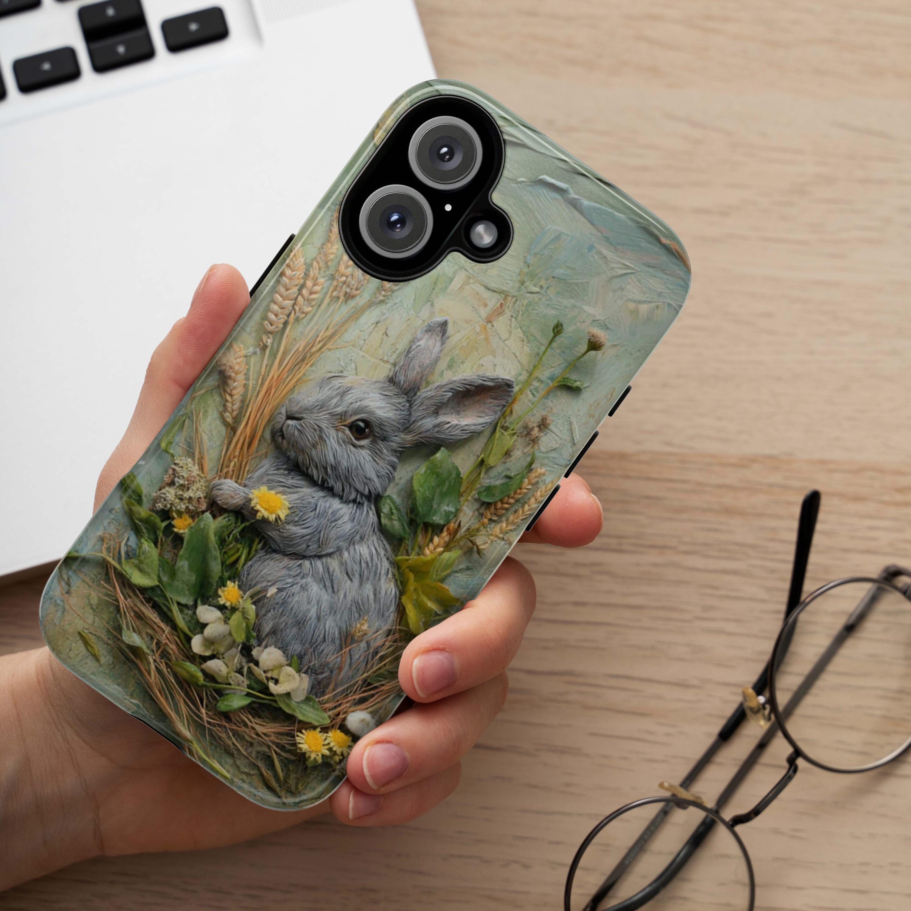 Spring Bunny Phone Case, 3D Floral Design, Easter-Inspired Phone Case for iPhone 16, 15, 14, 13 Magsafe, Samsung Galaxy S24, Pixel 9, 464.1