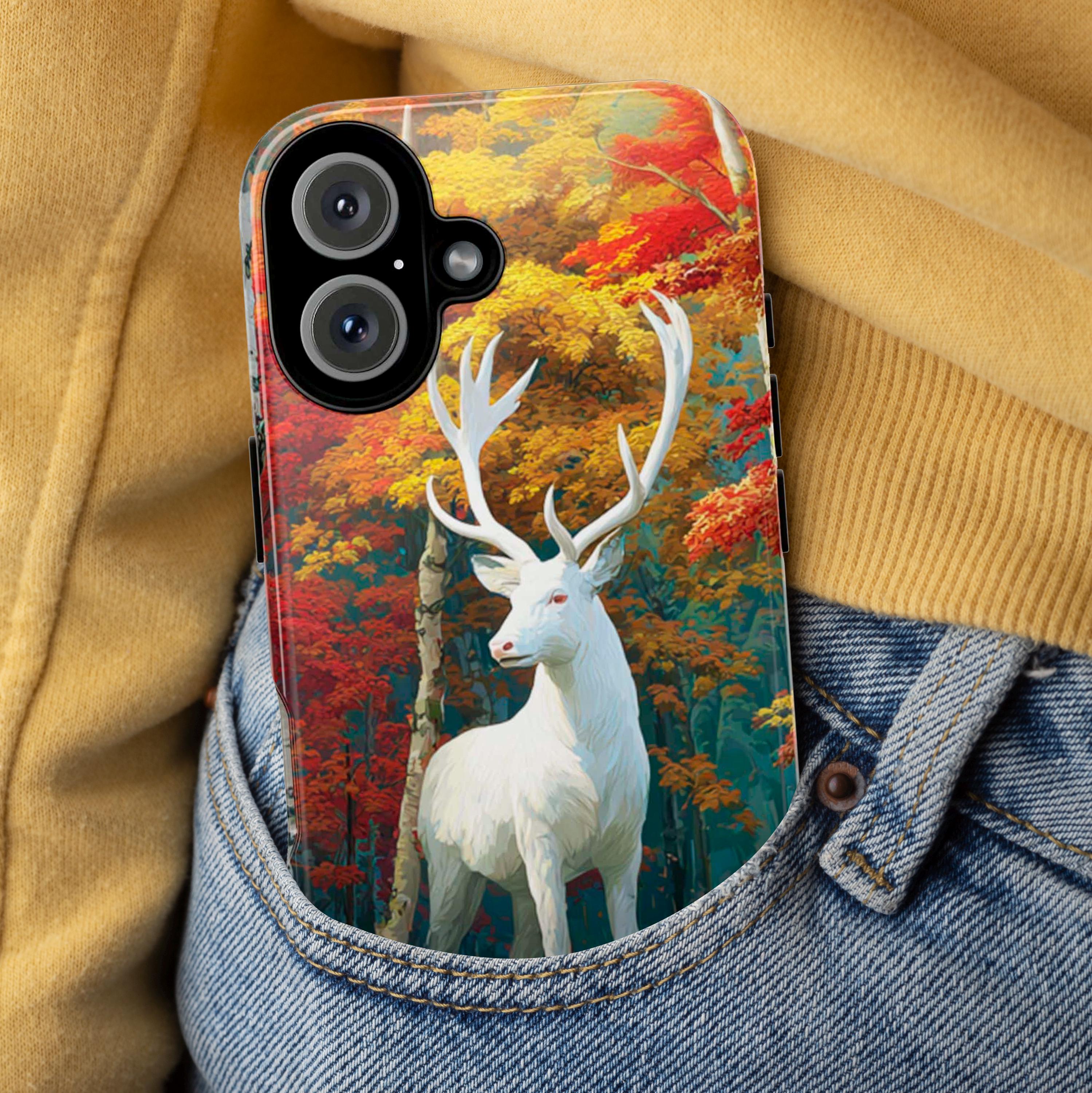 Fall Forest Phone Case with Deer and Vibrant Autumn Leaves, Nature Cozy Autumn Phone Case for iPhone 16 15 Tough or Magsafe, Samsung, 480.1