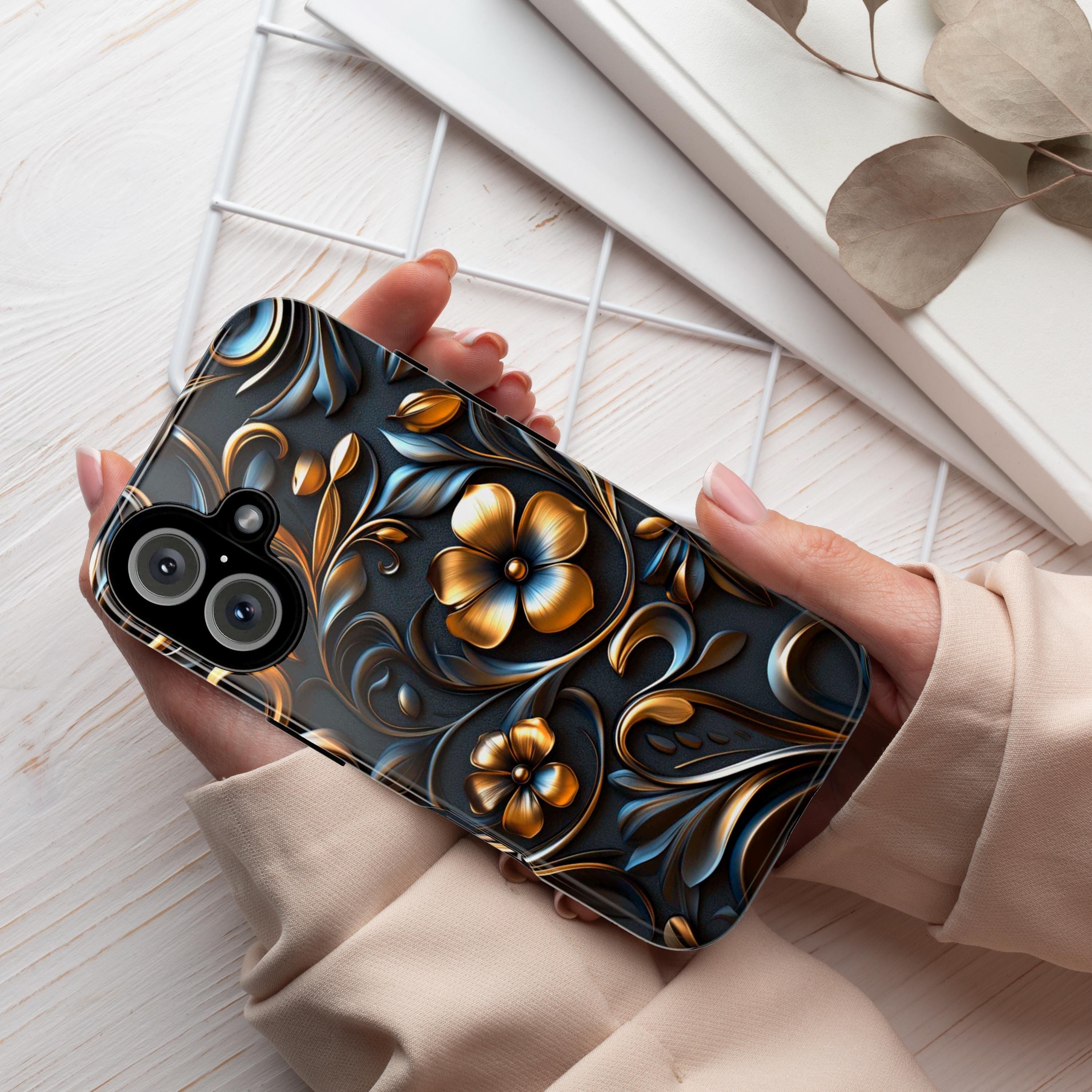 3D Gothic Gold Black Floral Phone Case - Dark Night Flowers Case fit for iPhone 16 Pro Max 15 14 13 12 Plus, Samsung S25 Ultra Plus, 428.1