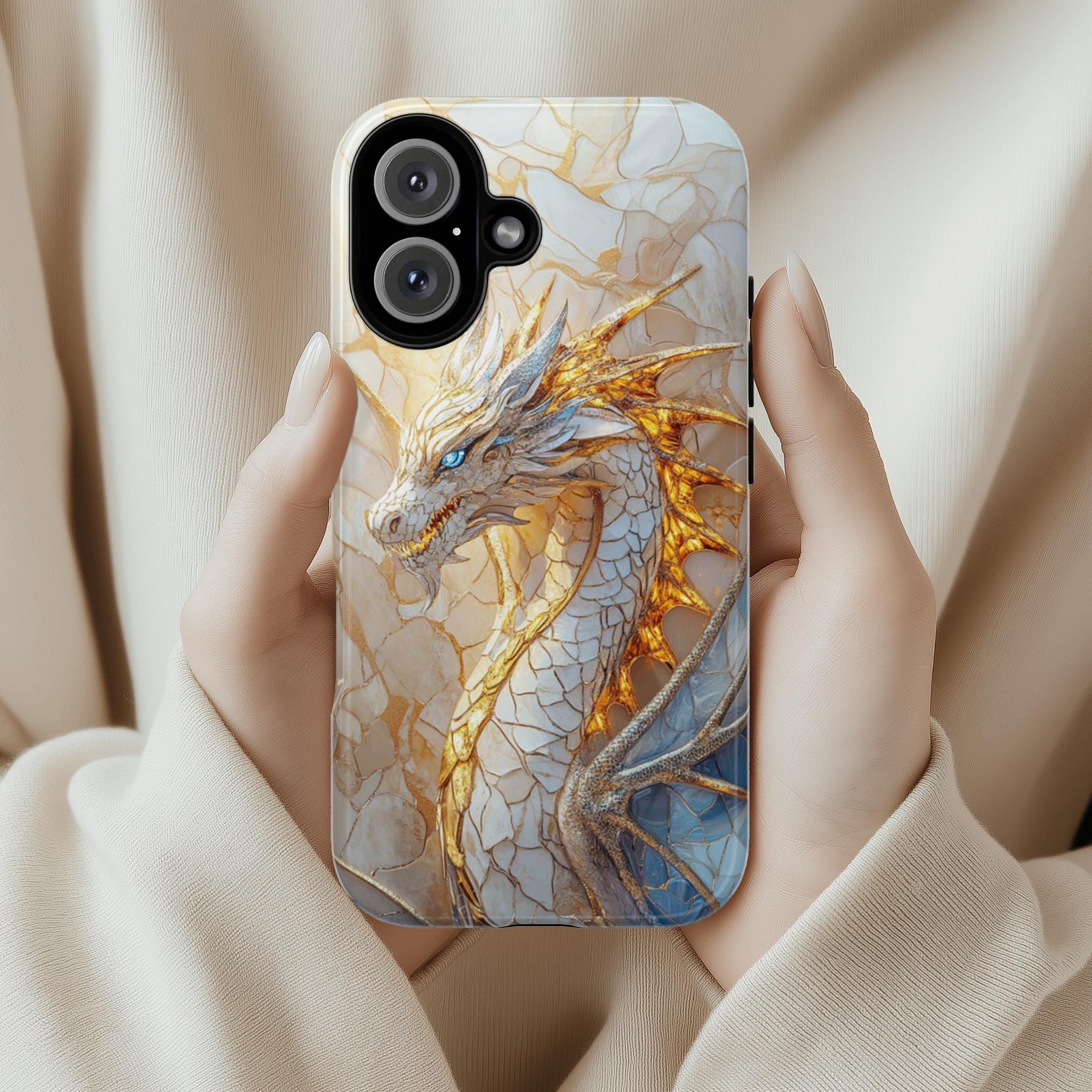 Fantasy White Dragon Stained Glass Phone Case, Gothic Mystical Mosaic Dragon Cover for iPhone 16, 15, Samsung Galaxy S24, 421.8