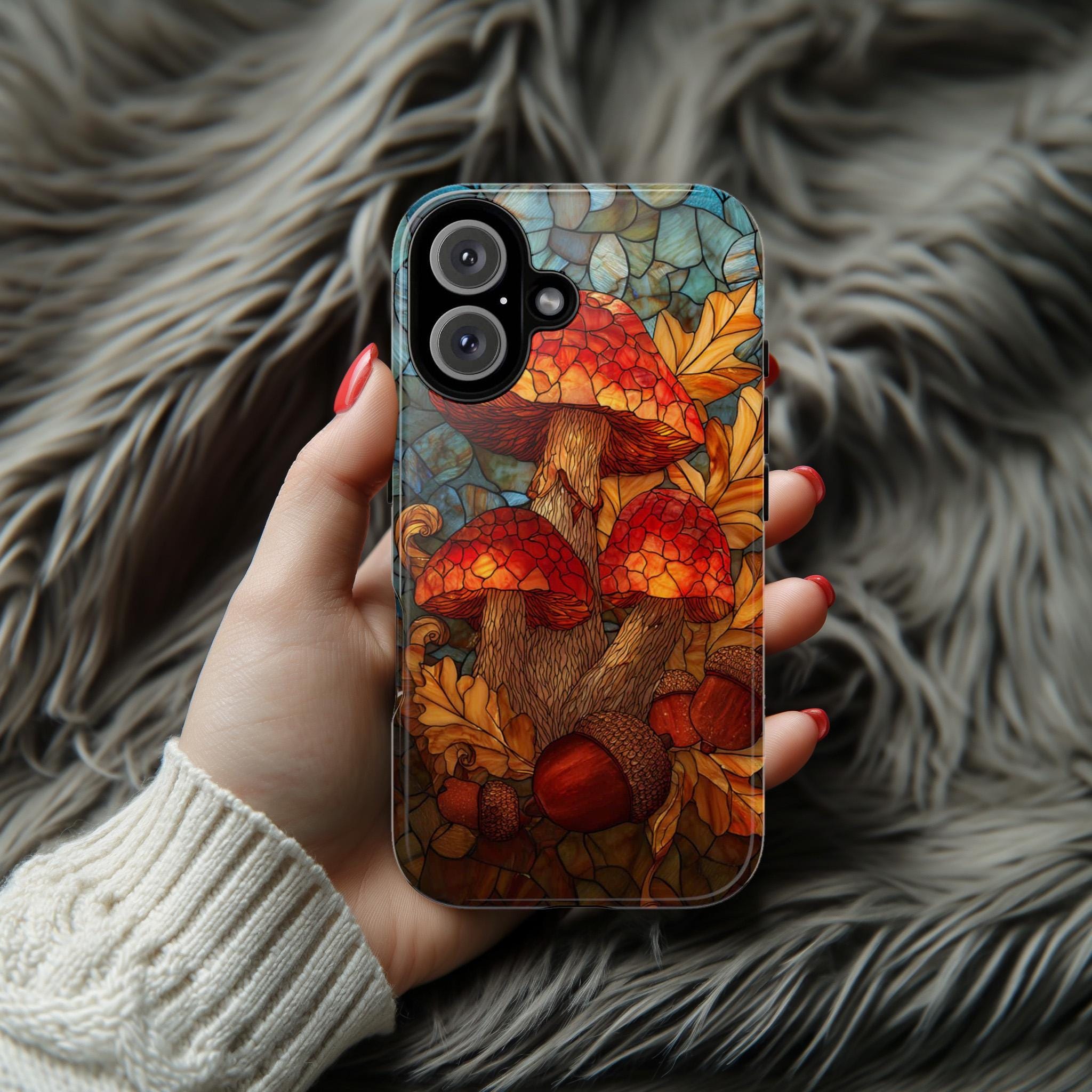 Stained Glass Mushroom Phone Case | Autumn Fall Forest Fungi Design, Cozy Woodland Cover for iPhone 16 15 Tough or Magsafe, Samsung, 478.11