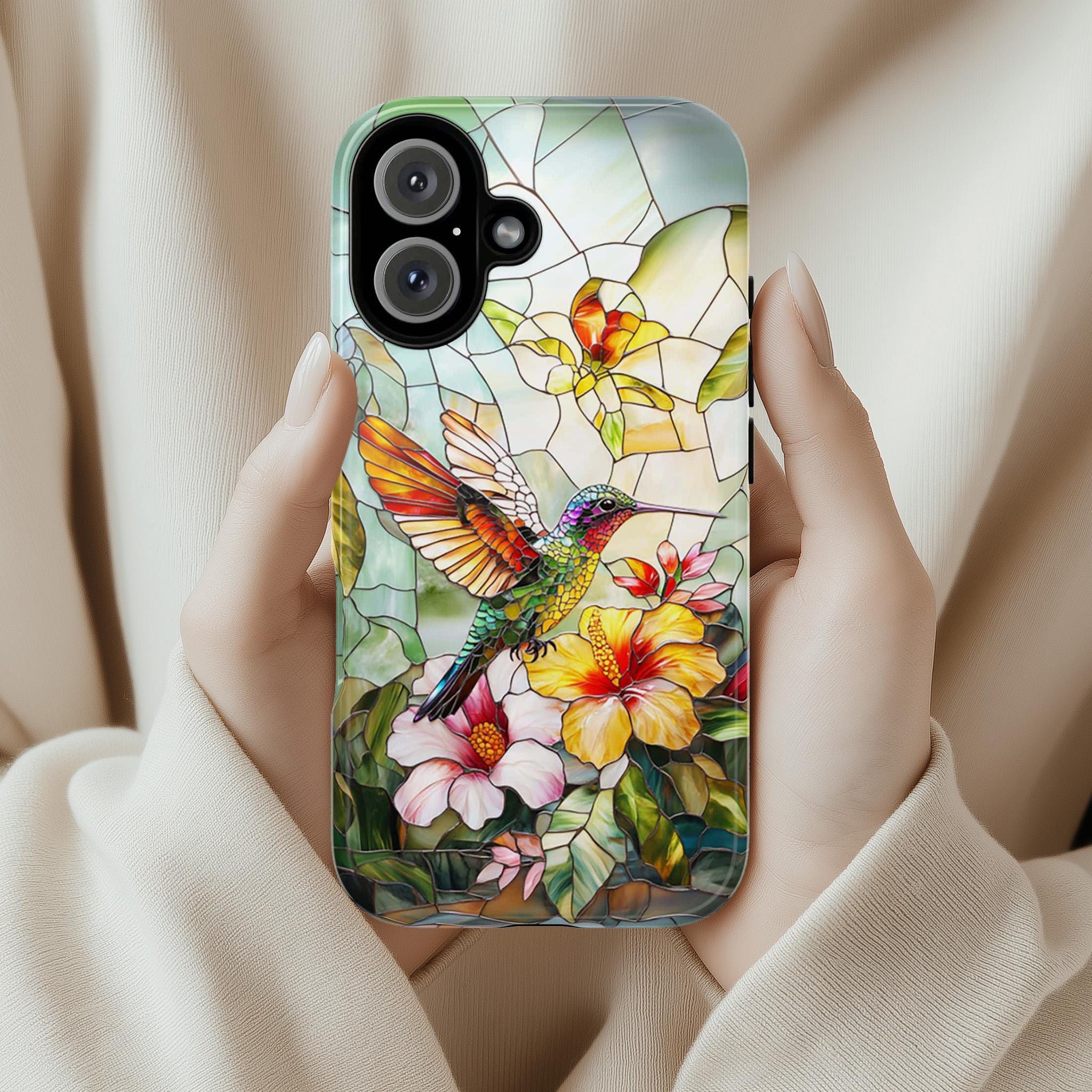 Stained Glass Hummingbird Phone Case | Colorful Bird & Tropical Floral Design for iPhone 16 Pro Max 15 14 Plus Mag Safe, Samsung S25, 419.3