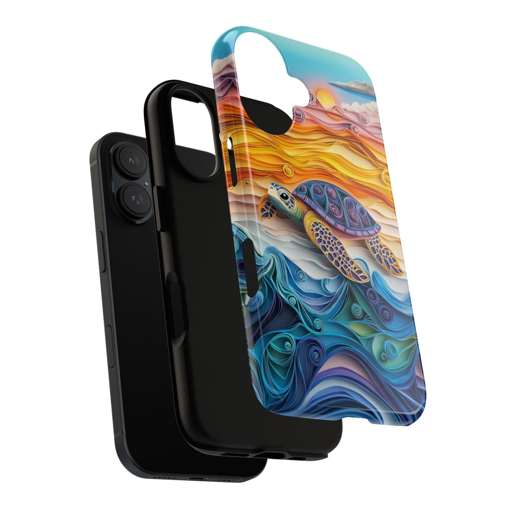 Sea Turtle Phone Case, Vibrant Rainbow Ocean & Sunset Quilling-inspierd Art Cover for iPhone 16 15 Tough or Magsafe, Samsung S25, 455.18