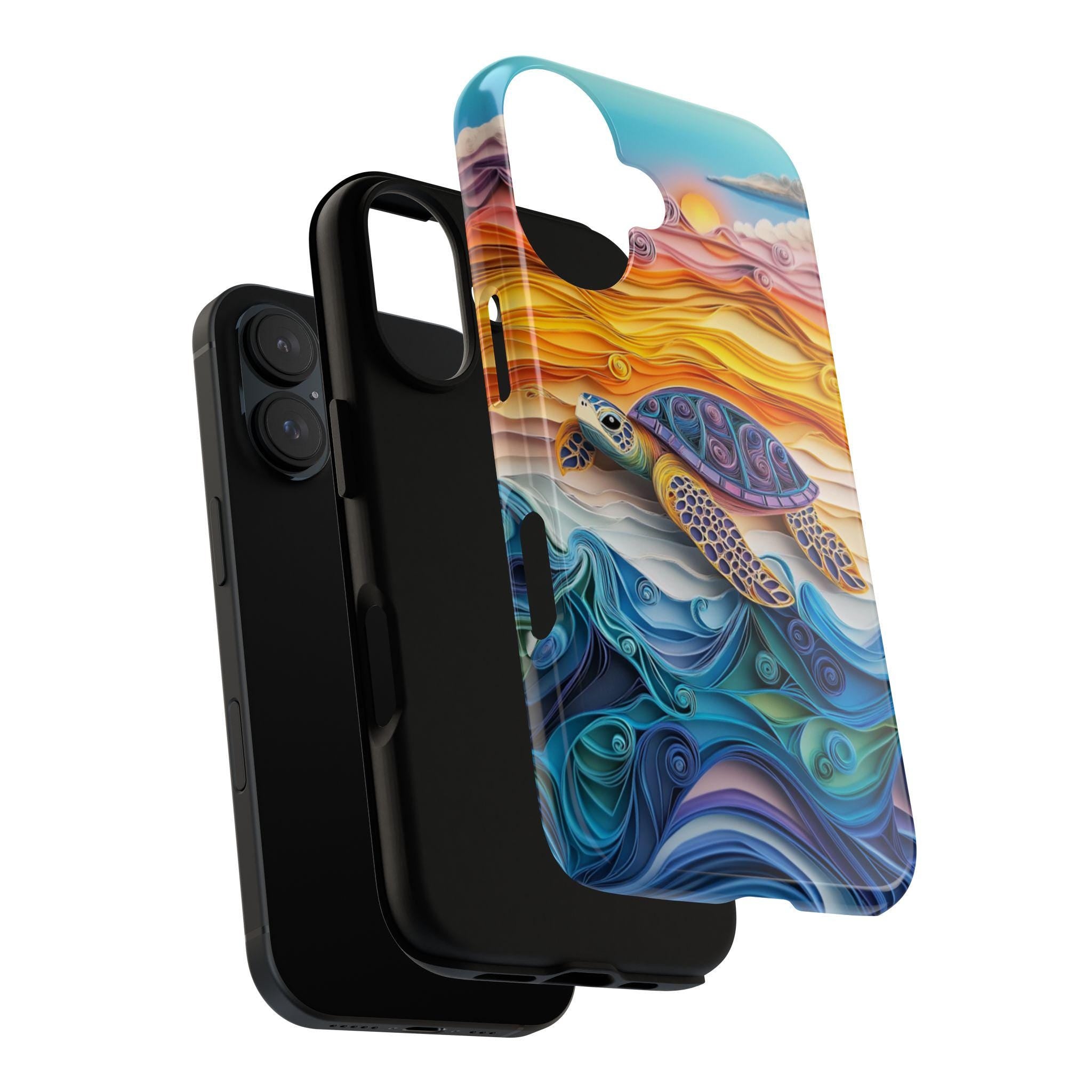 Sea Turtle Phone Case, Vibrant Rainbow Ocean & Sunset Quilling-inspierd Art Cover for iPhone 16 15 Tough or Magsafe, Samsung S25, 455.18