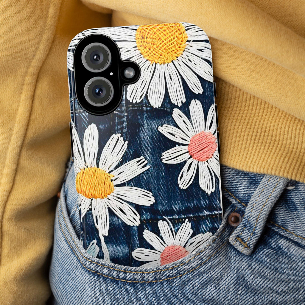 Embroidered Style Daisies on Denim Texture Phone Case, Floral Phone Cover for iPhone 16 Tough or Magsafe, Pixel 9, Samsung S25, 349.1