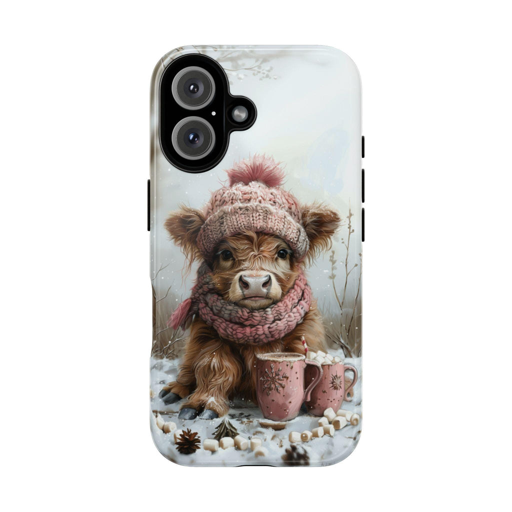 Cute Highland Cow & Winter Forest Phone Case, Festive Xmas Hot Chocolate Marshmellow iPhone 16 15 14 13 Pro Max Plus, Samsung S24, 440.1