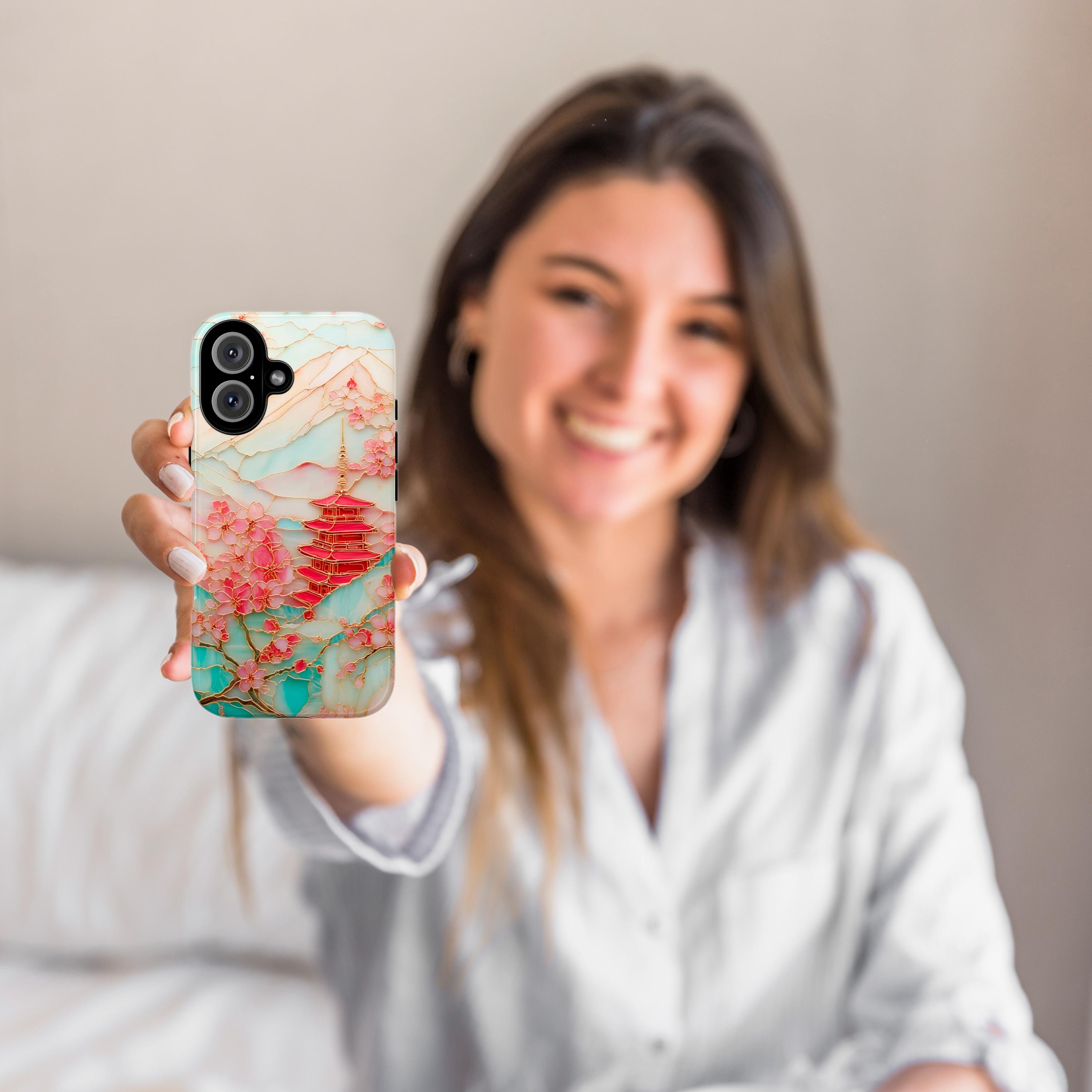 Cherry Blossom Phone Case, Mount Fuji & Pagoda Japanese Sakura Stained Glass Design for iPhone 16 15 Tough or Magsafe, Samsung S25, 469.11