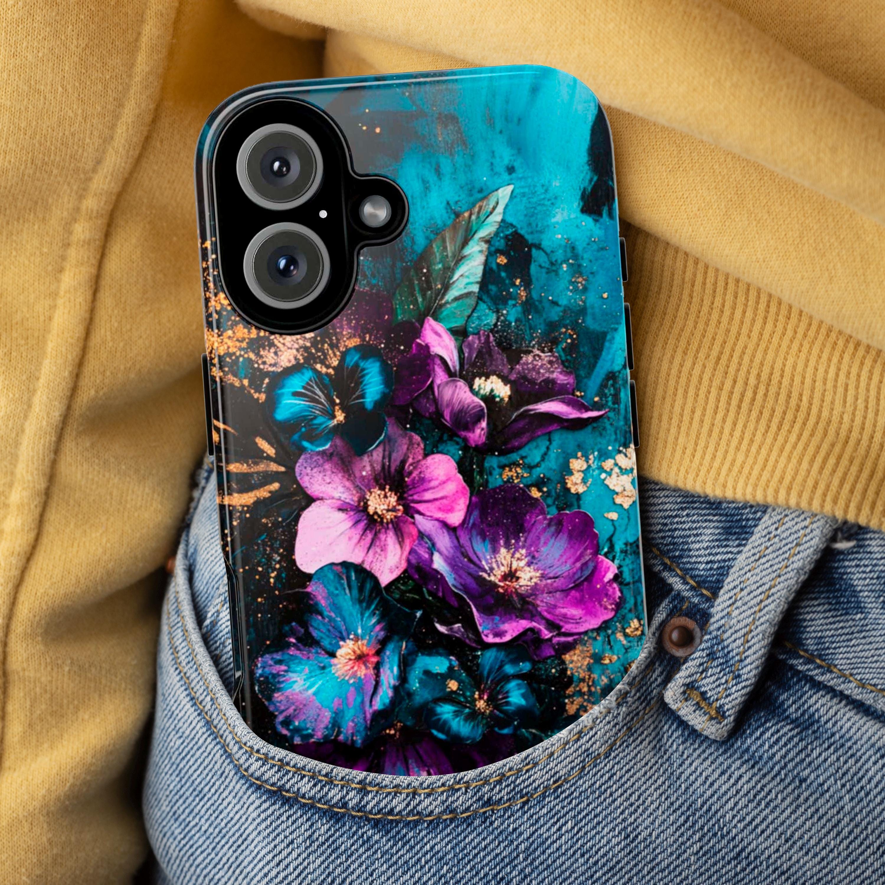 Purple Floral Art Phone Case, Glitter Blossom Painted Design, Teal Floral Case iPhone 16 15 14 13 Pro Max Plus Magsafe, Samsung S24, 436.1