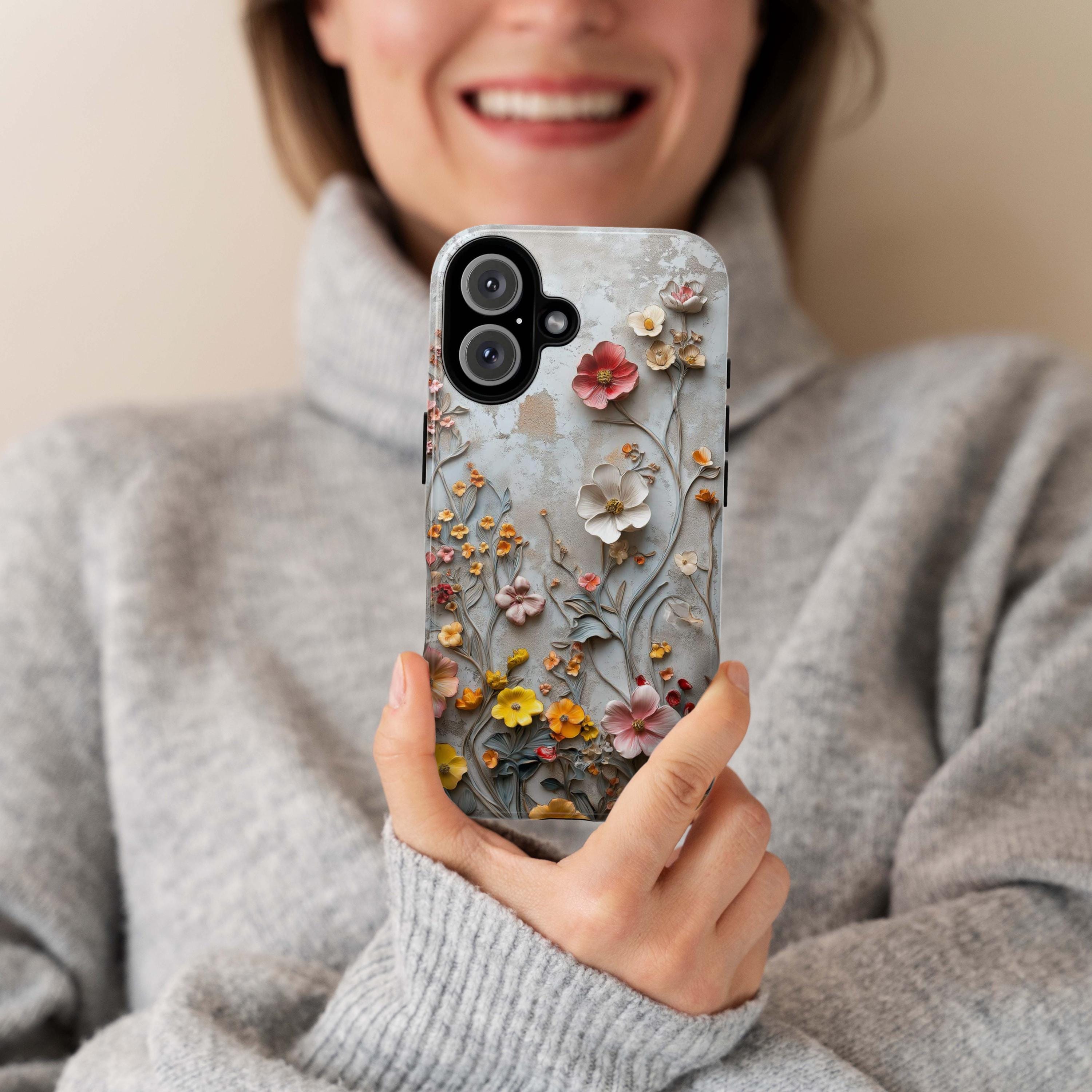 3D Meadow Floral Phone Case, Pastel Wildflowers Design, Cottagecore Style Fine Art Phone Case for iPhone 16 15 14 13 / Samsung S24, 439.16