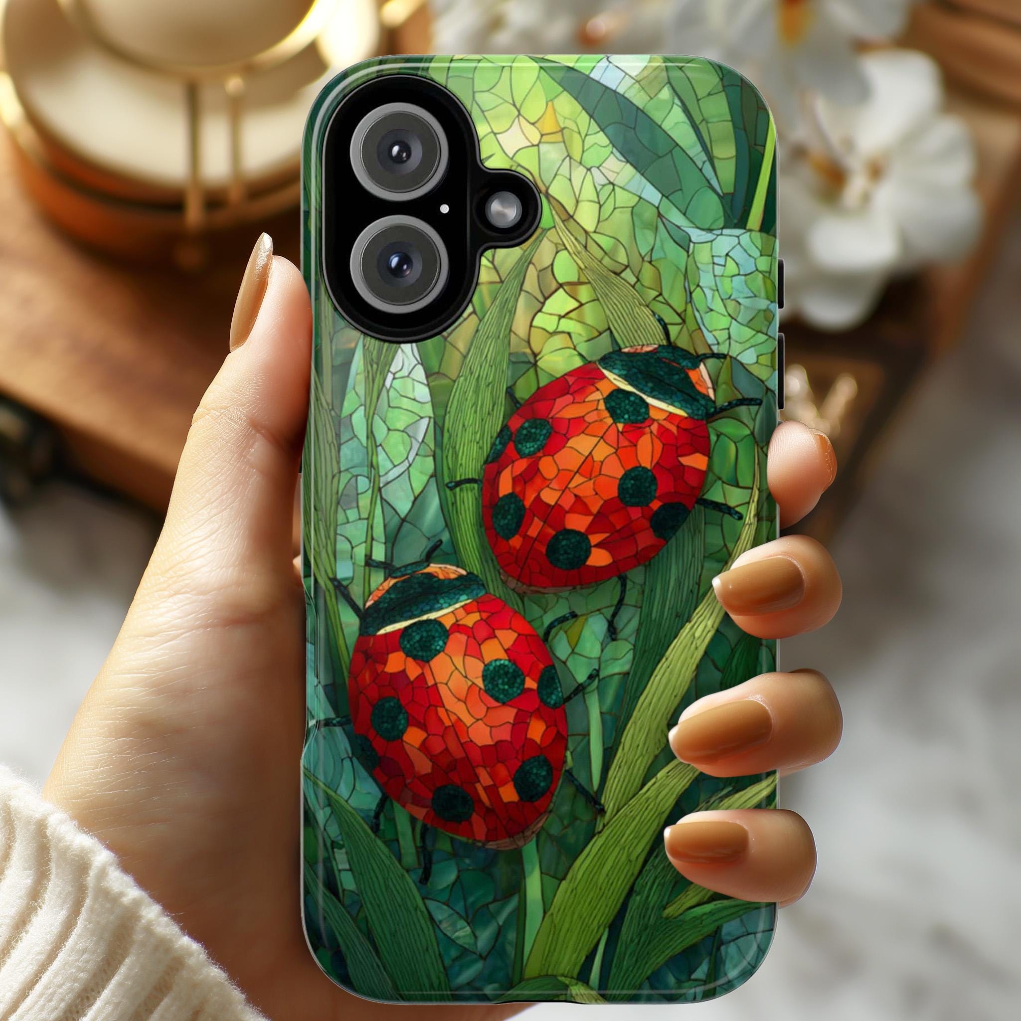 Stained Glass Ladybugs & Plants Phone Case, Artistic Nature Cover, Garden Design for iPhone 16 15 14 13 Tough or Magsafe, Samsung, 478.1