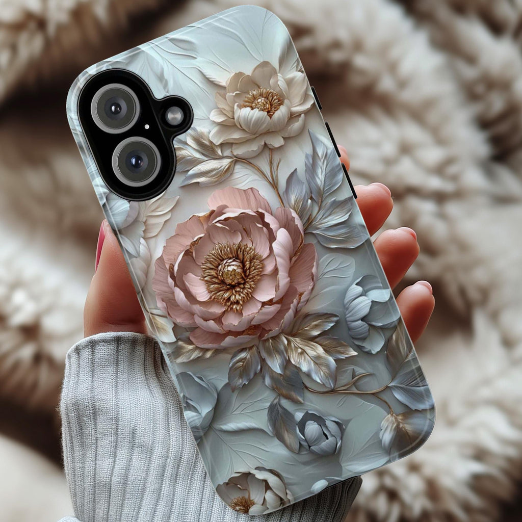 3D Pastel Peonies Flowers Phone Case, Boho Floral Artistic Protective Cover for iPhone 16, 15, 14, 13 Tough or Magsafe, Samsung, 439.36