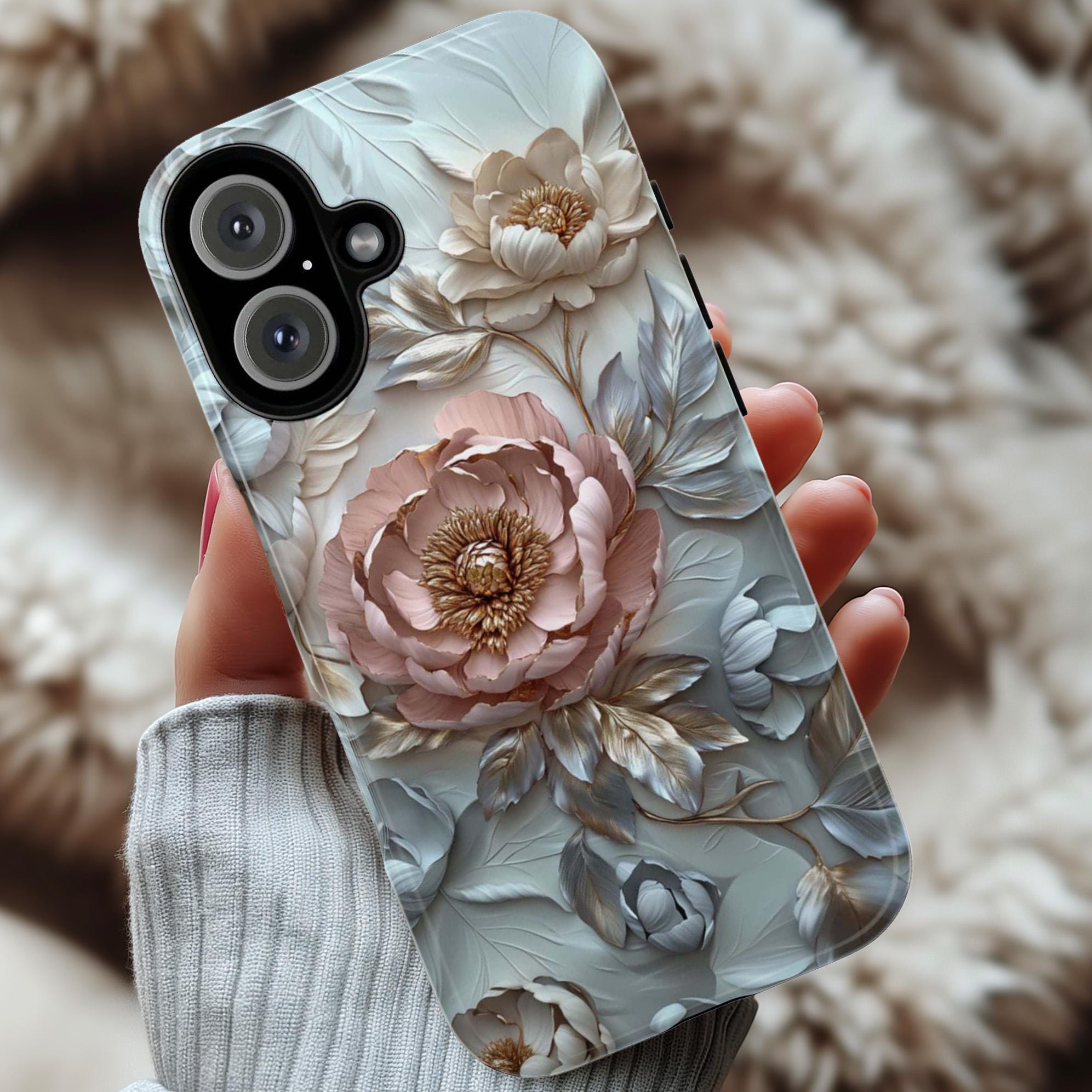 3D Pastel Peonies Flowers Phone Case, Boho Floral Artistic Protective Cover for iPhone 16, 15, 14, 13 Tough or Magsafe, Samsung, 439.36