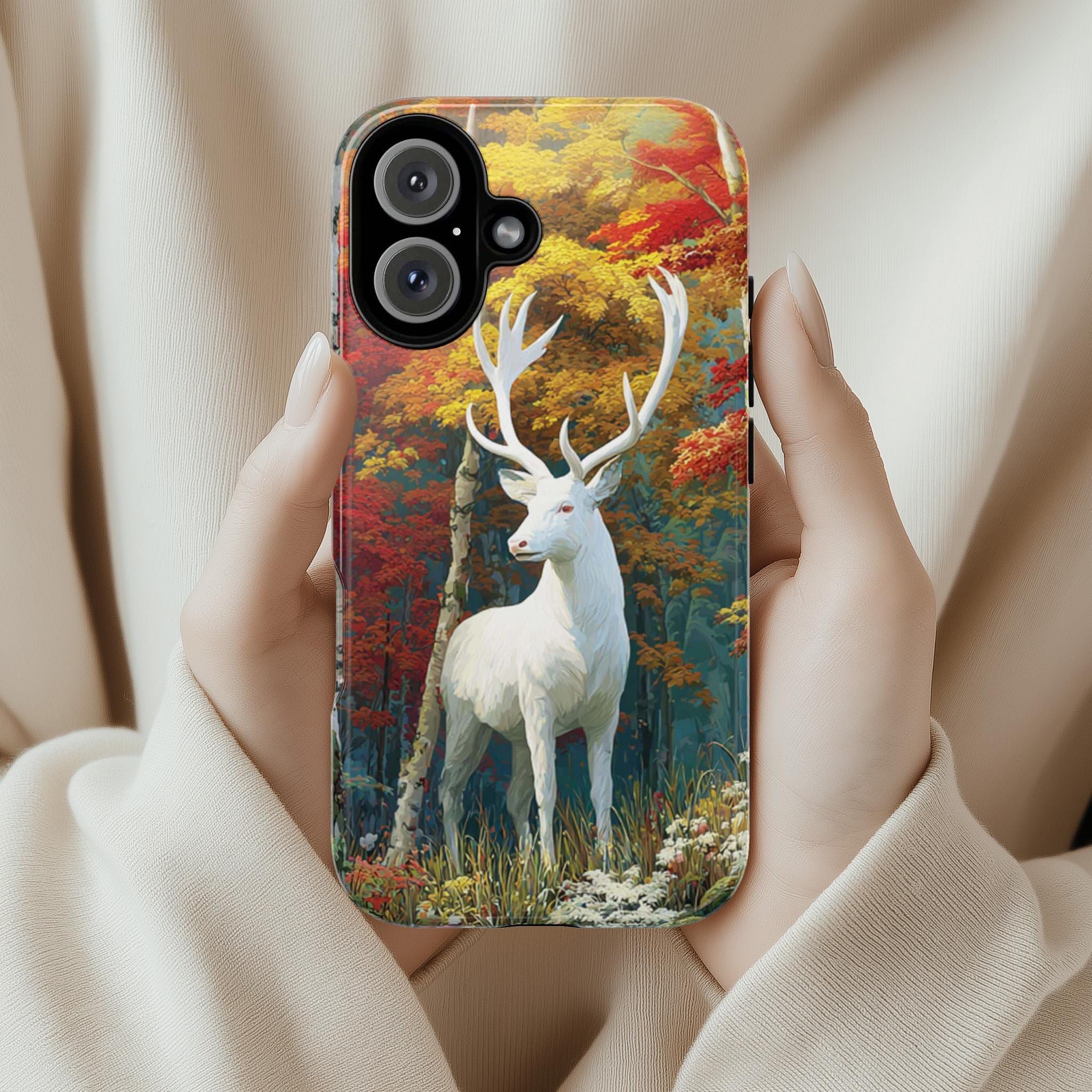 Fall Forest Phone Case with Deer and Vibrant Autumn Leaves, Nature Cozy Autumn Phone Case for iPhone 16 15 Tough or Magsafe, Samsung, 480.1