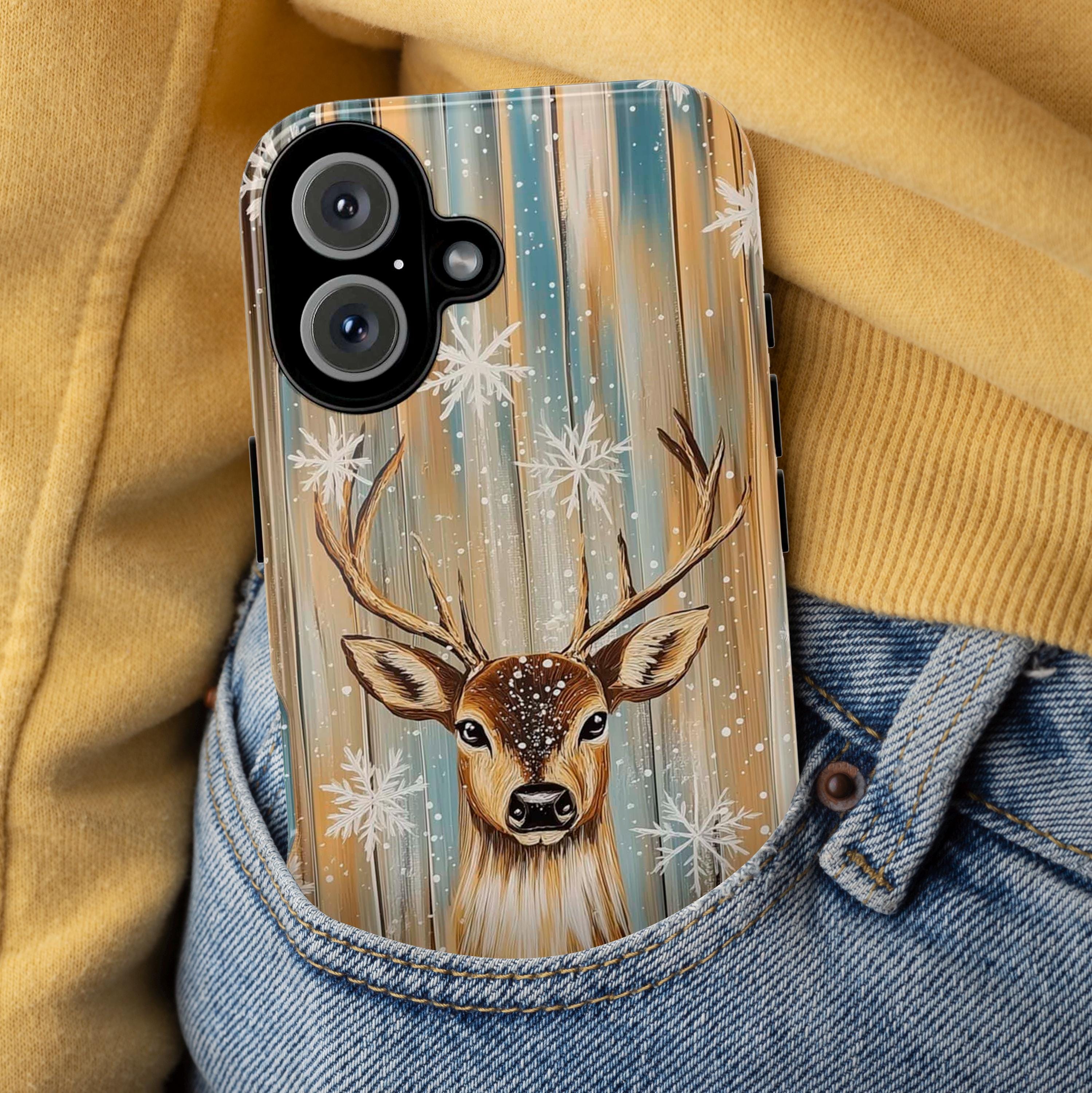 Christmas Reindeer Phone Case | Snowy Golden White Holiday Design, Xmas Cover for iPhone 17 16 15 Tough or Magsafe, Samsung, 440.7