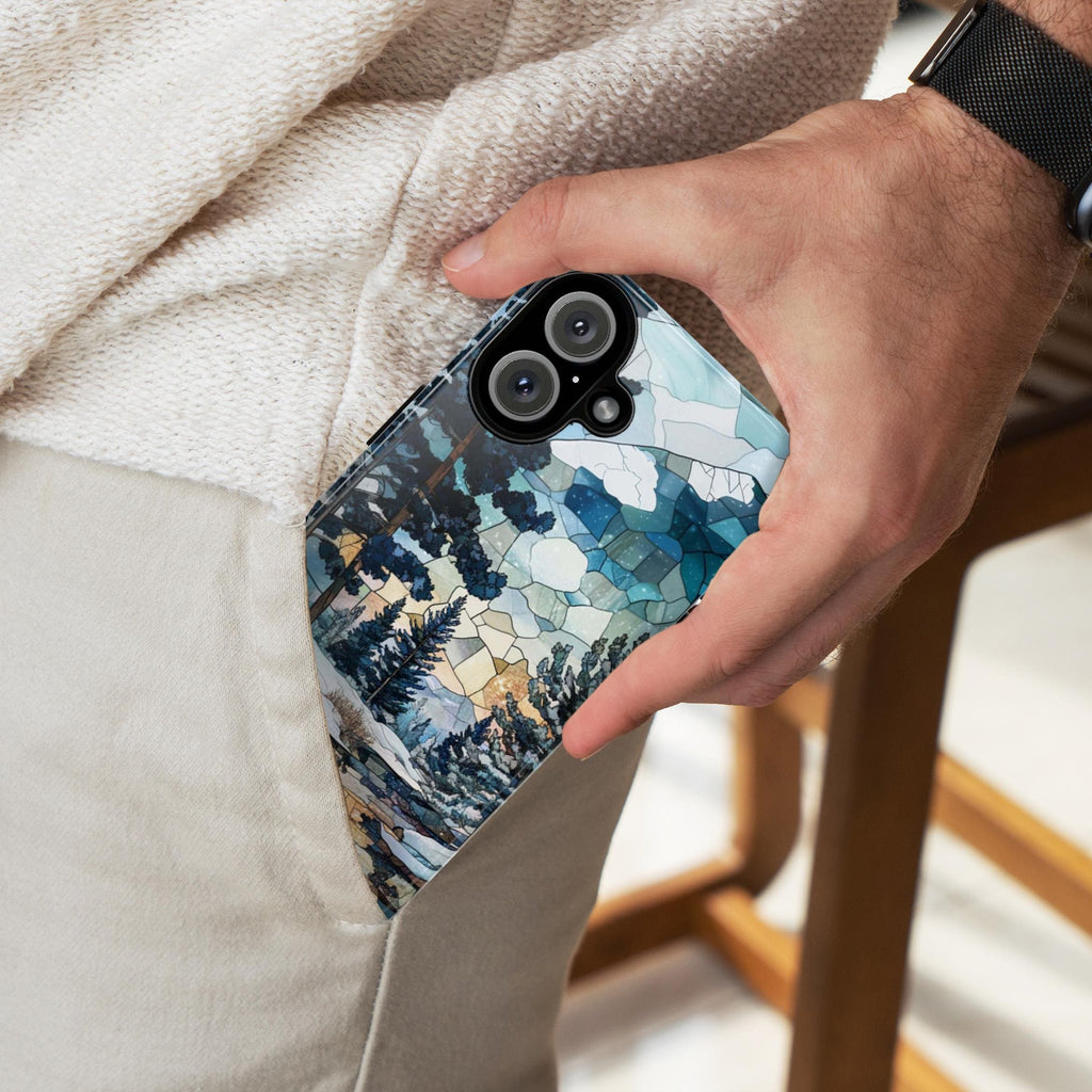3D Winter Landscape Stained Glass Design Phone Case, Winter Forest Phone Cover for iPhone 15 14 13 12 11 8 Pro Max Plus, Samsung S25, 420.3