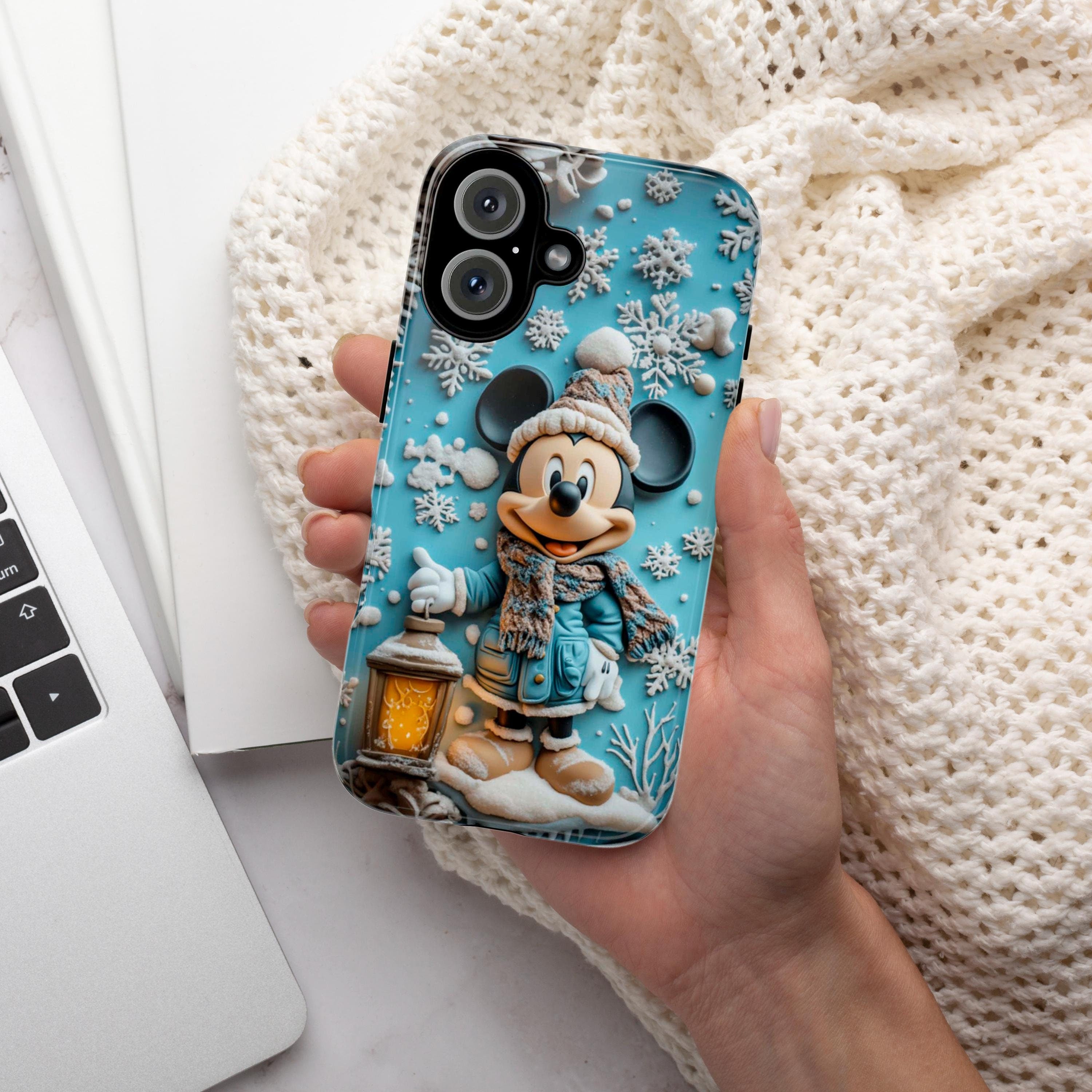 Mickey Mouse 3D effect Phone Case, Cartoon Xmas Design, Blue Mickey Mouse Christmas Phone Case iPhone 16 15 14 Magsafe, Samsung S24, 442.7