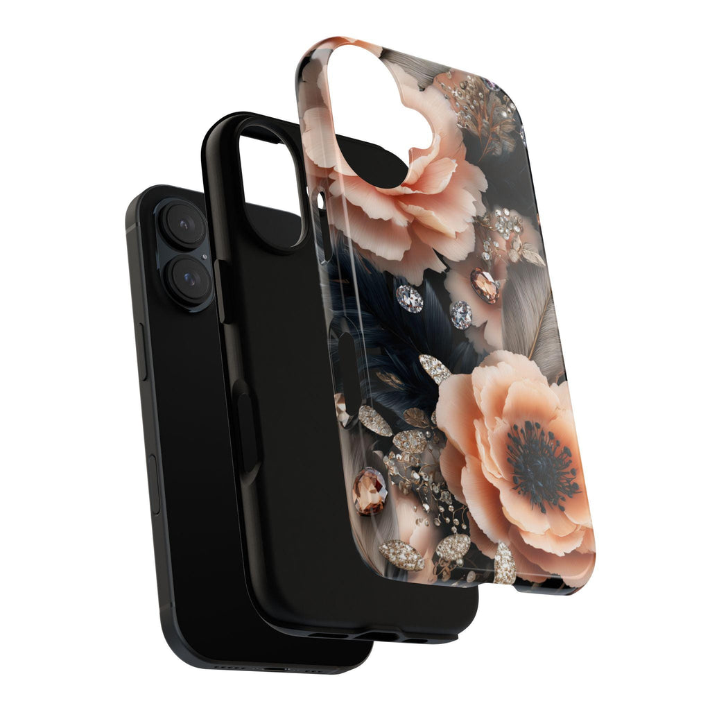 Luxury Anemone Flower Phone Case, Stylish Crystal Accents Rose Floral Design Cover for iPhone 16 15 Tough or Magsafe, Samsung, 476.27