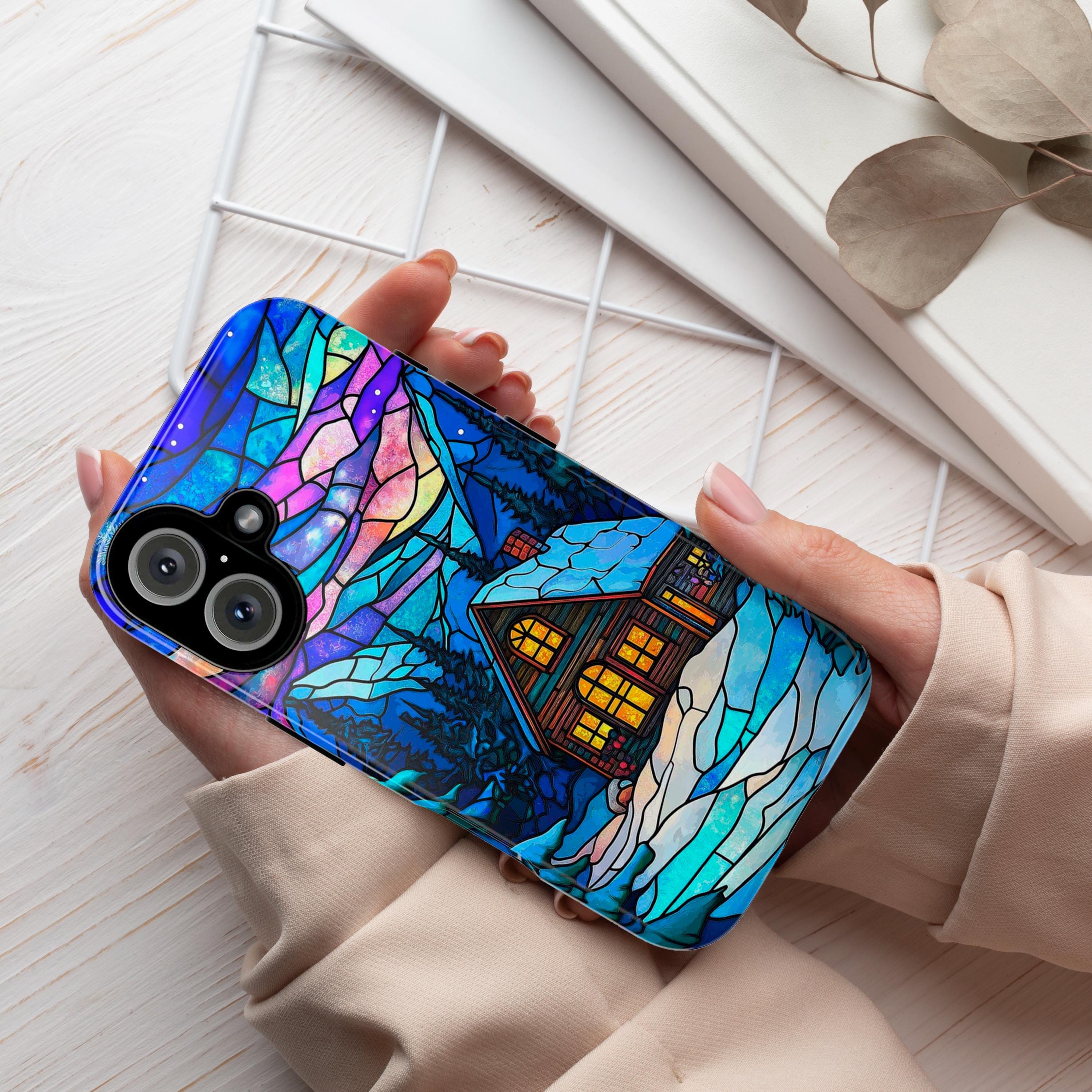 Winter Fairytale Stained Glass Landscape Phone Case, Christmas Holiday Phone Cover for iPhone 15 14 13 12 Pro Max Plus, Galaxy S25, 417.1