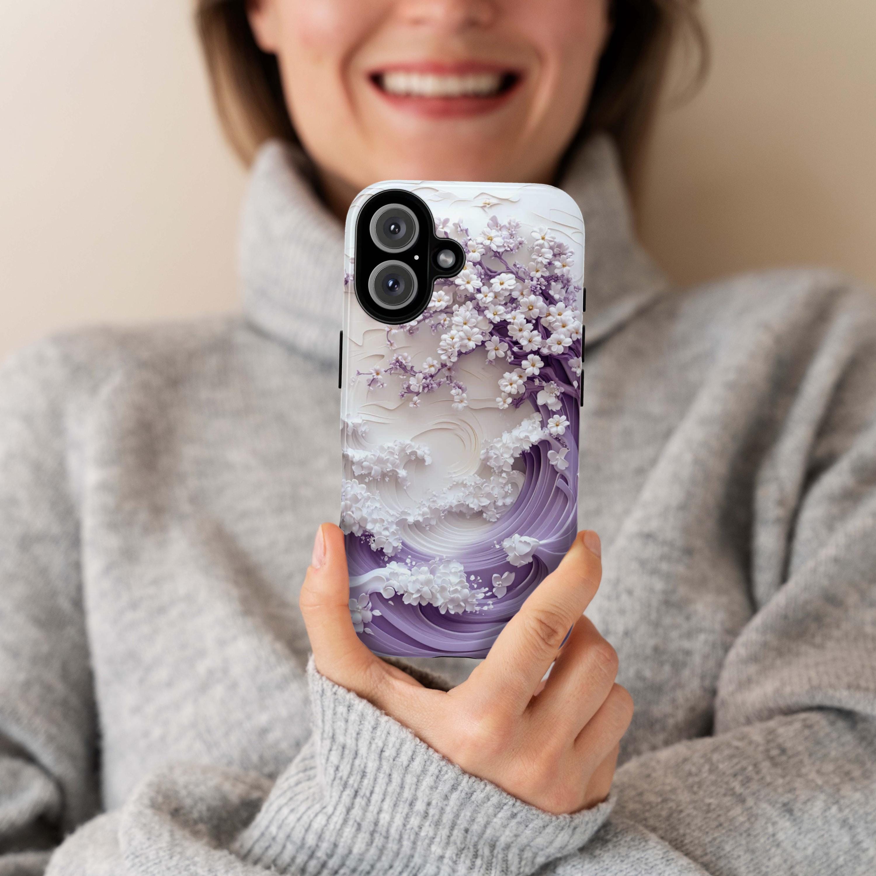 Sakura Cherry Blossom & Waves Phone Case, Purple Japanese Art Cover, 3D Elegant Floral Case for iPhone 16 15 14 Magsafe, Samsung S25, 469.2