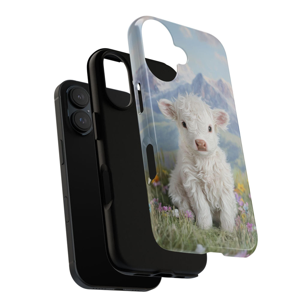 Cute Highland Calf Phone Case, Spring Meadow Floral Design with Mountain & Lake View Phone Cover for iPhone Tough or Magsafe, Samsung, 473.5