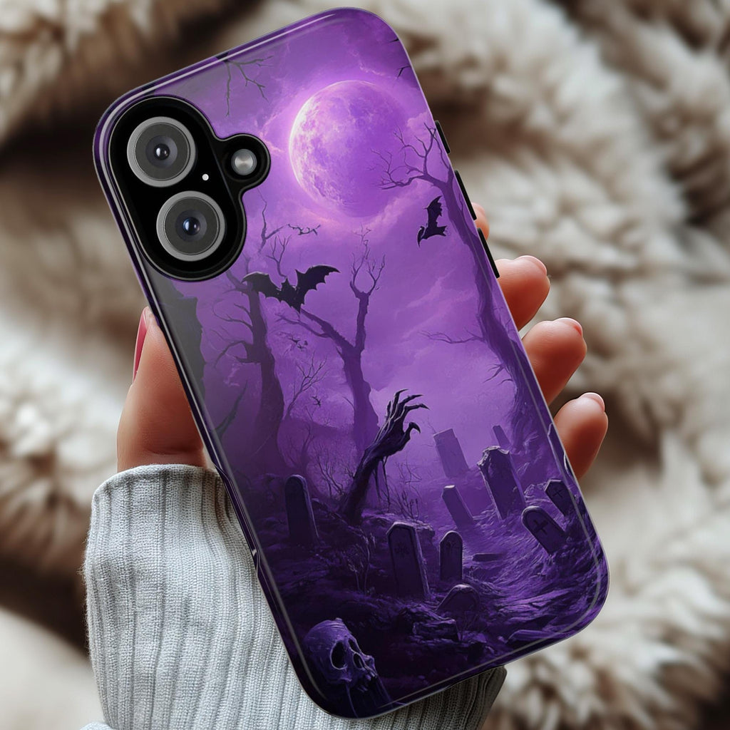 Mystic Halloween Phone Case, Skull & Full Moon Case, Purple Spooky Gothic Cover for iPhone 16 15 14 Tough or Magsafe, Samsung, 475.3