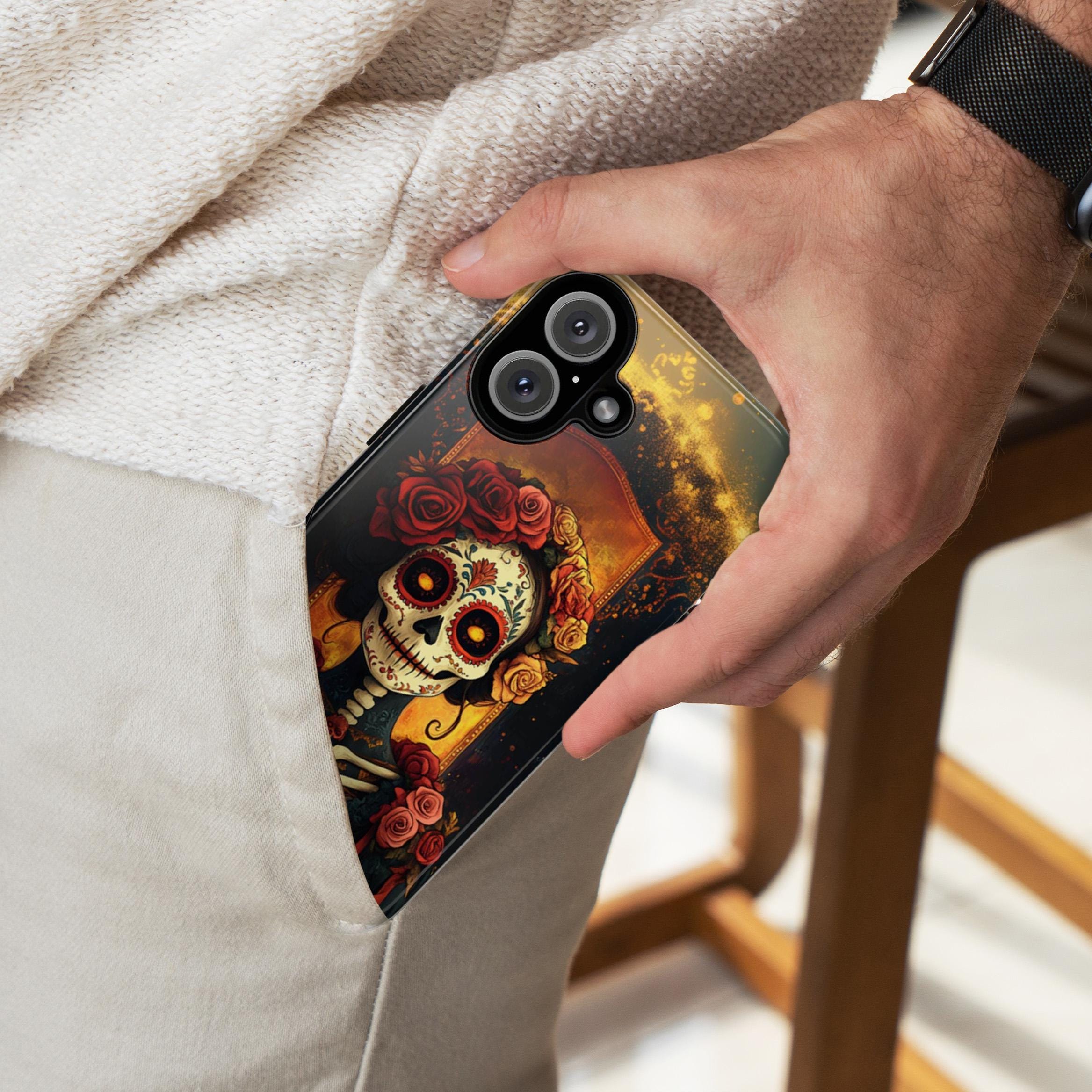 Skull 3D Effect Phone Case, Dia de los Muertos Cover, Artistic Gothic Style Accessory for iPhone Tough or Magsafe, Galaxy, 465.14