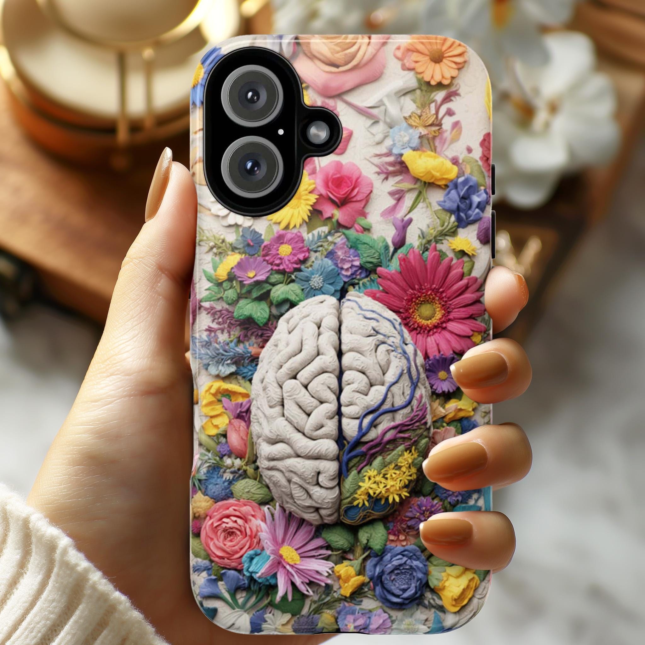 Pastel Anatomical Brain Phone Case, Botanical Meadow Florals | Medical Science Art Case for iPhone 17 16 Tough or Magsafe, Samsung, 430.5