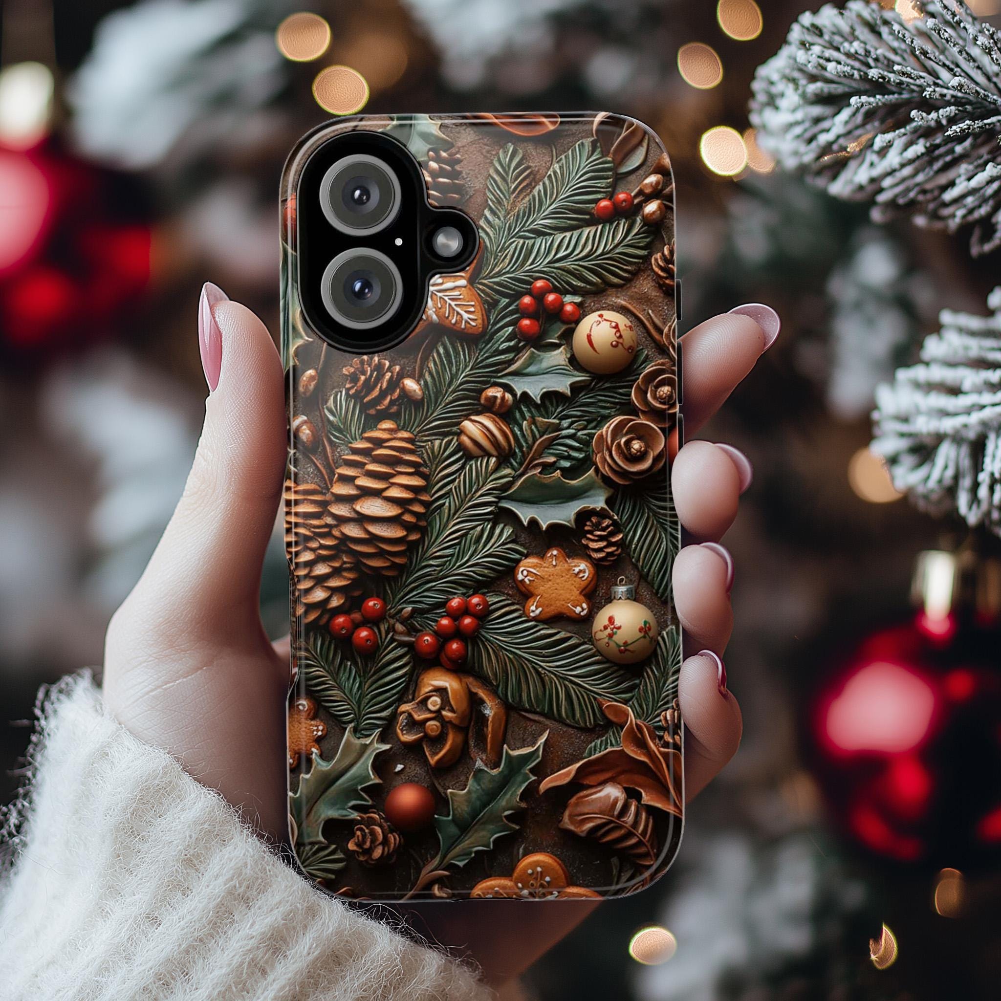 Pine Cone 3D Christmas Phone Case, Holiday Pine and Berry Design MagSafe for iPhone 16 15 14 13 Pro Max Plus, Samsung S25, Pixel 9, 433.3
