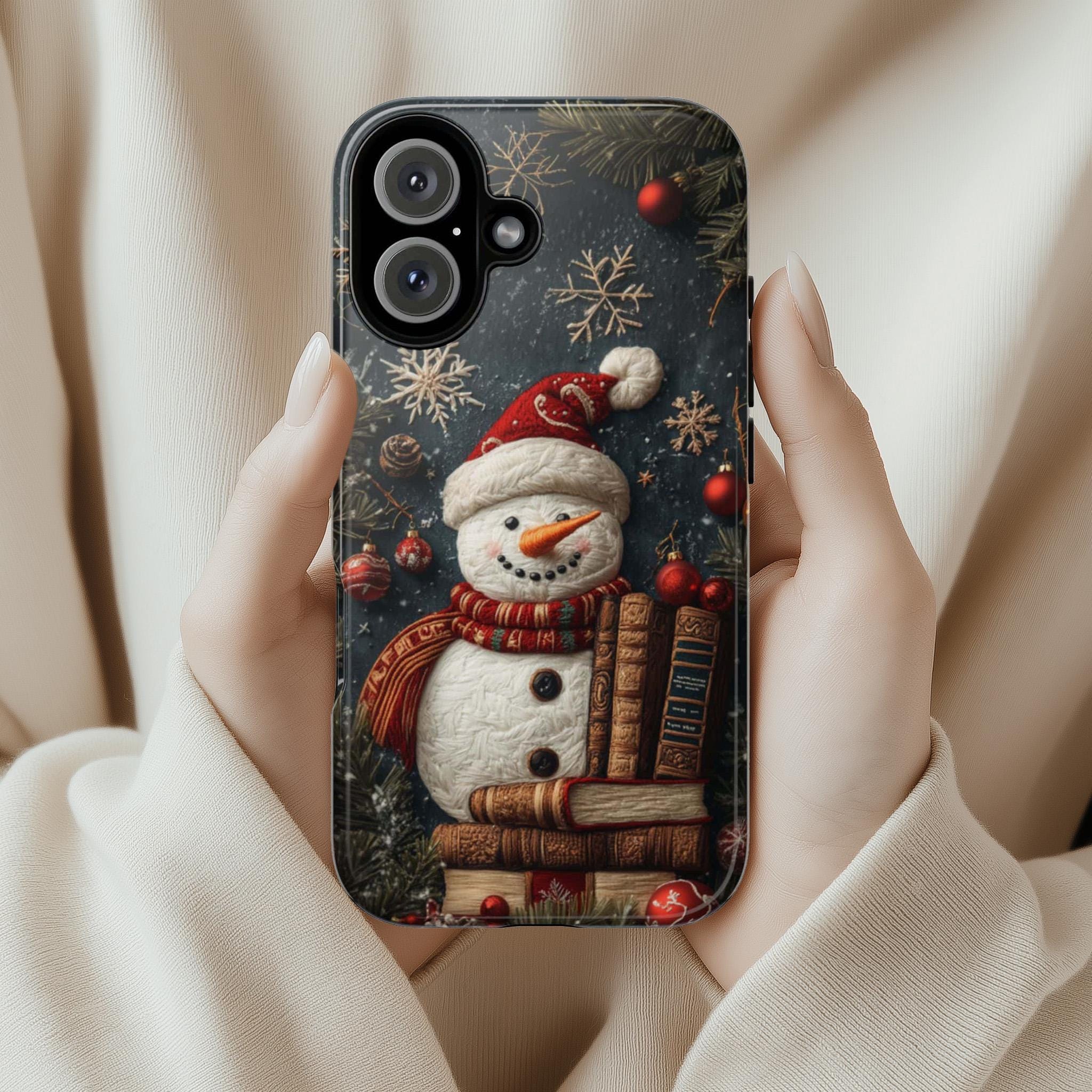 Christmas Snowman and Books Embroidered effect - Winter Xmas Holiday Library,  for iPhone 16 15 14 13 Magsafe Plus, Samsung S24, 444.6