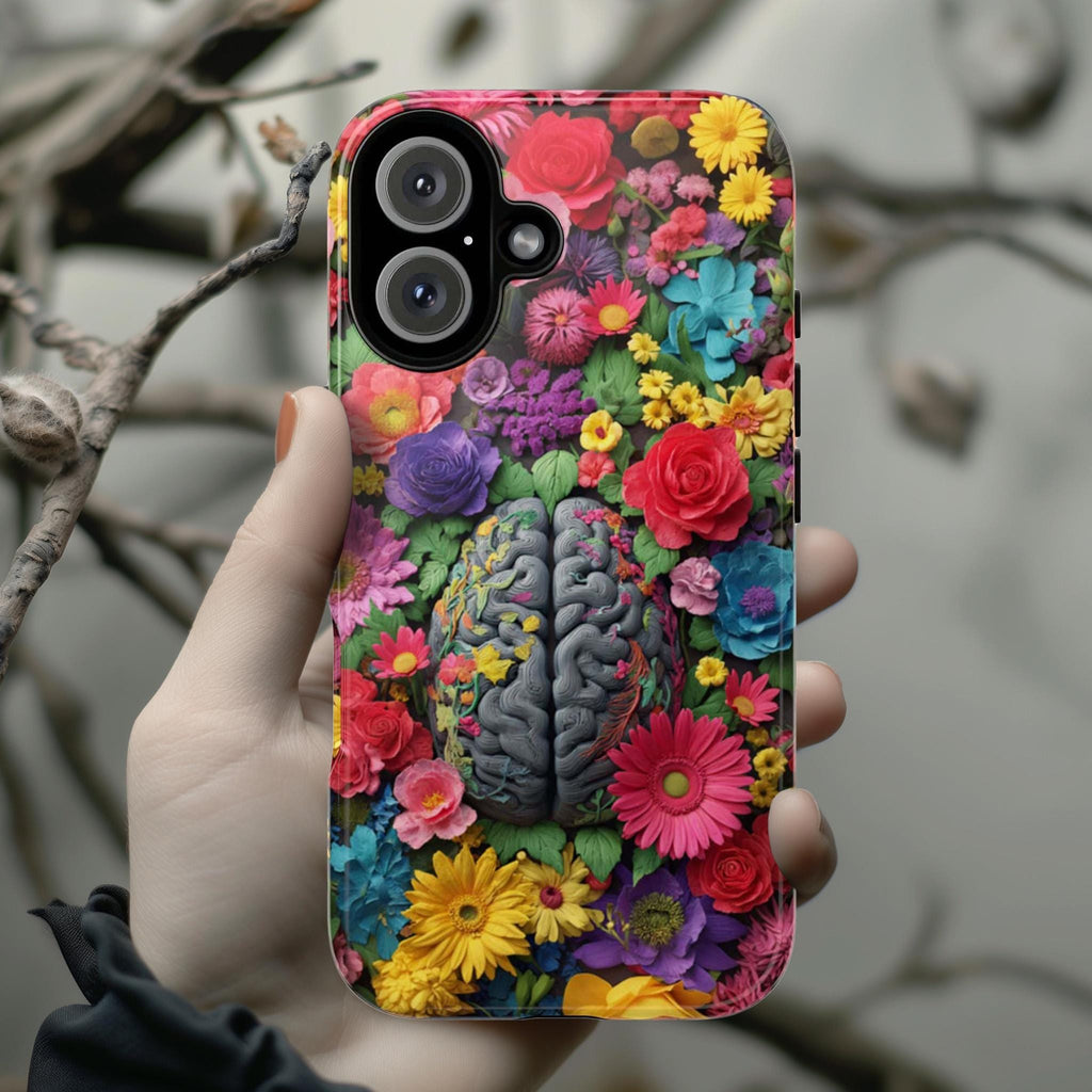Vibrant Human Brain Floral Phone Case, Botanical Design with Daisies & Roses, Medical Case for iPhone 17 16 Tough or Magsafe, Samsung, 430.4