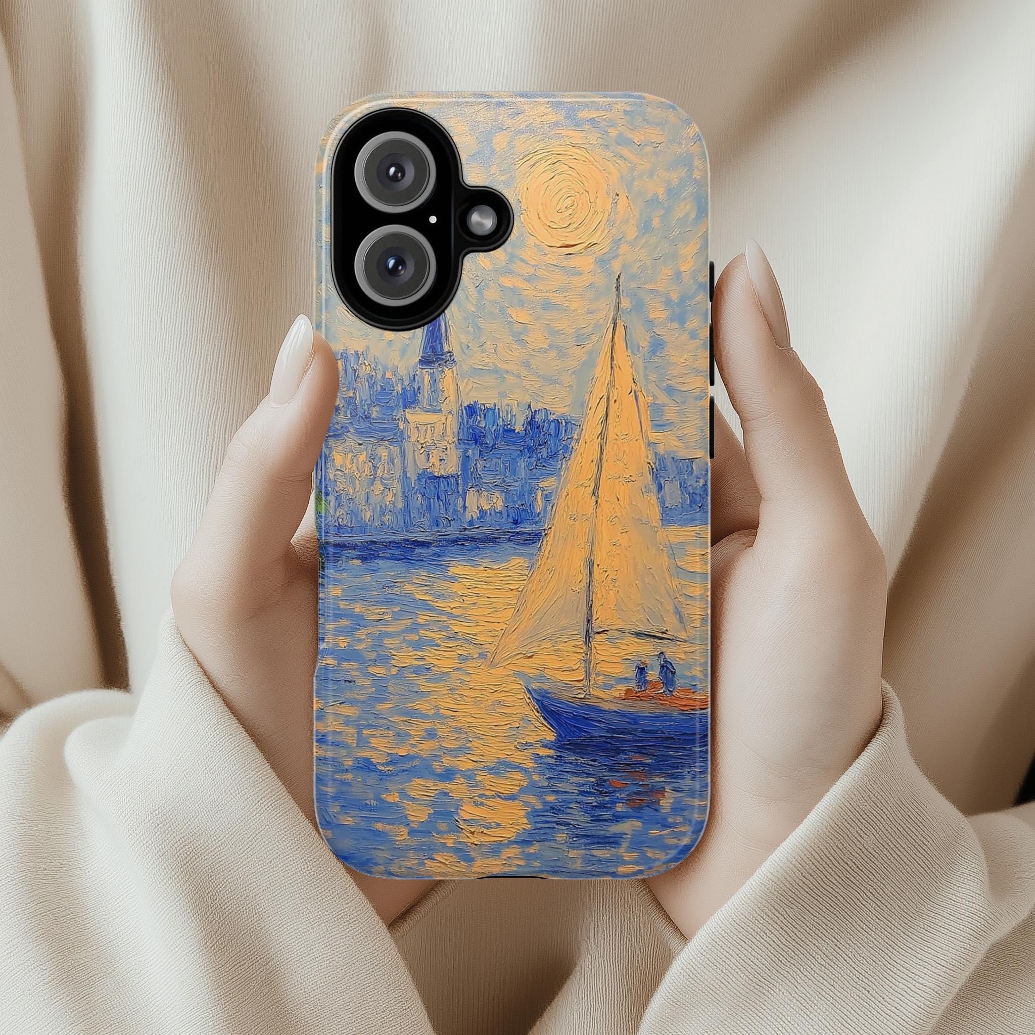 Sailing Boat Phone Case, Monet Style Sea Tough iPhone 16 Cover, Nautical Beach Accessories, Ocean Lovers Gift, Galaxy S25, 412.3