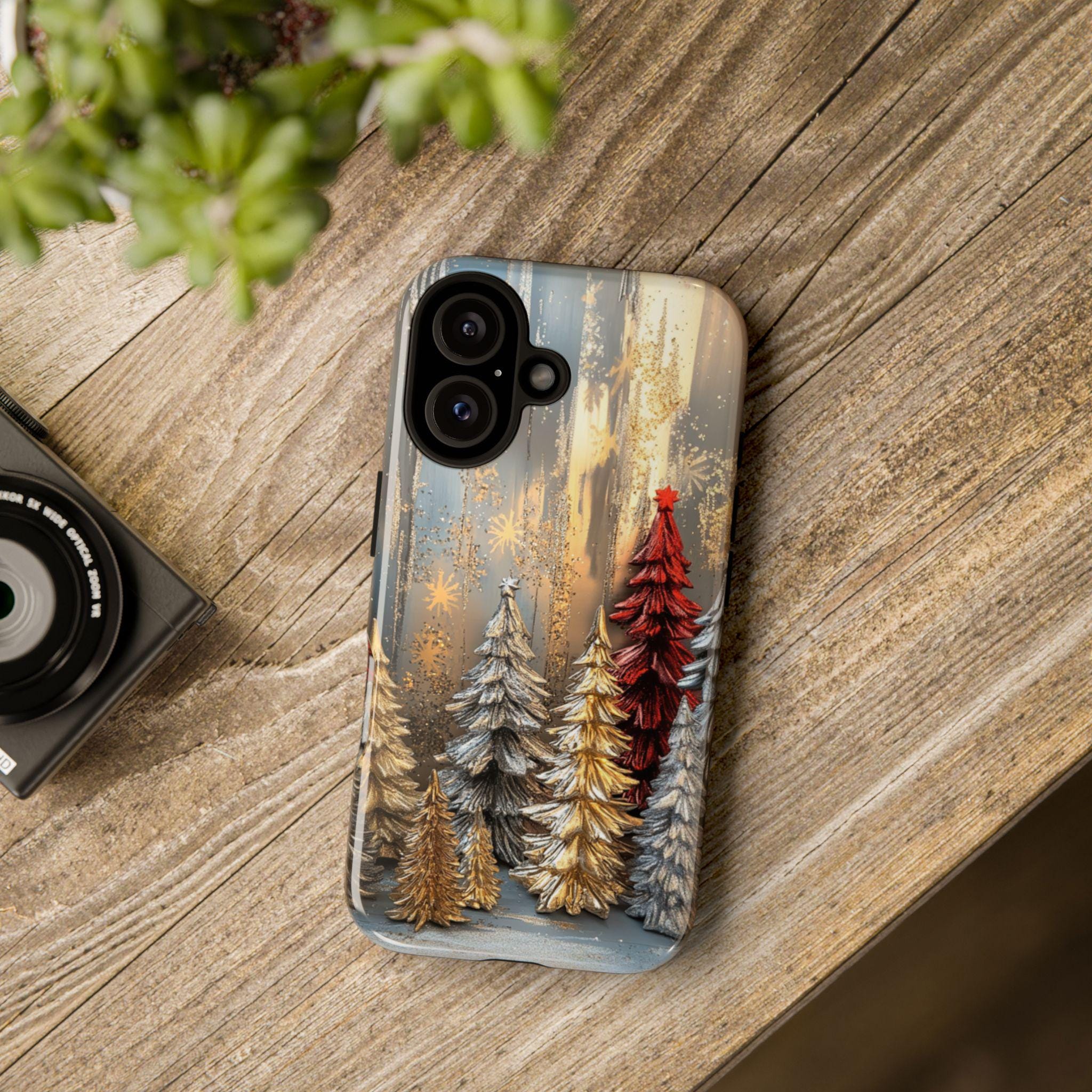 Cozy Christmas 3D Glitter effect Phone Case, Gold Silver Xmas Pine Tree MagSafe for iPhone 16 15 14 13 Pro Max Plus, Samsung S25, 437.1