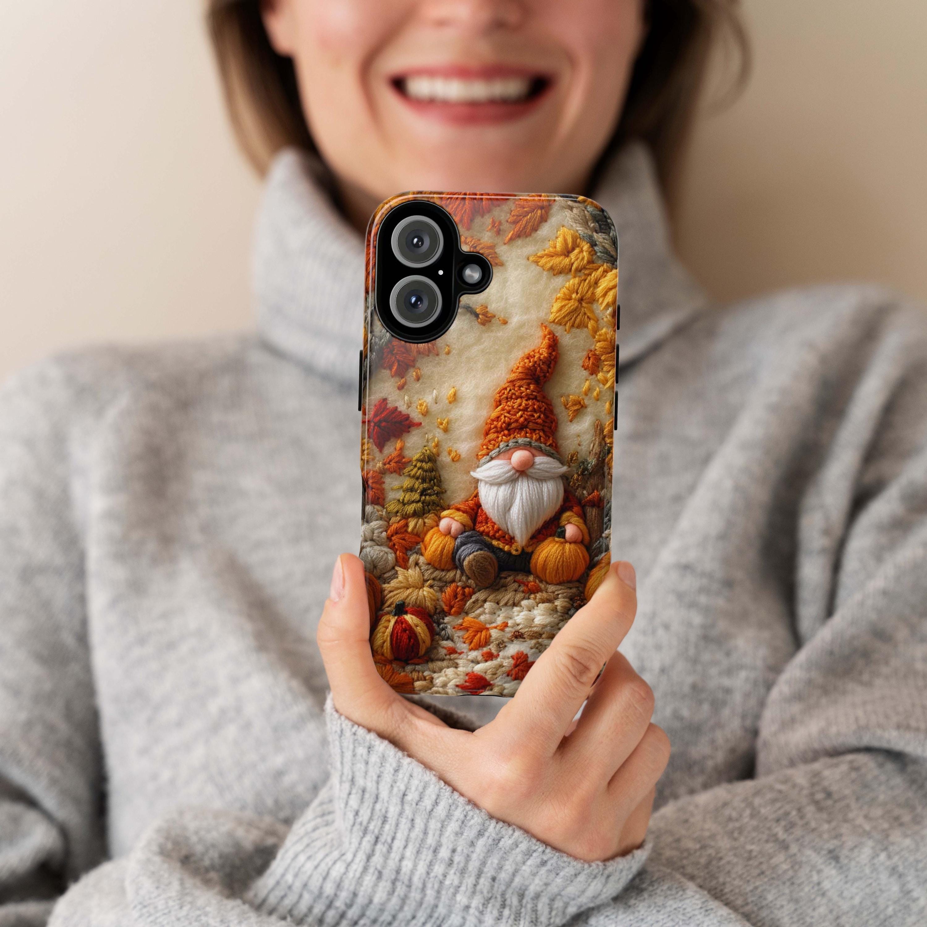 Fall Gnome Embroidery MagSafe Phone Case, Cozy Autumn Design with Fall Leaves and Pumpkins Case i Phone 15 14 13 12 / Samsung S24, 452.1