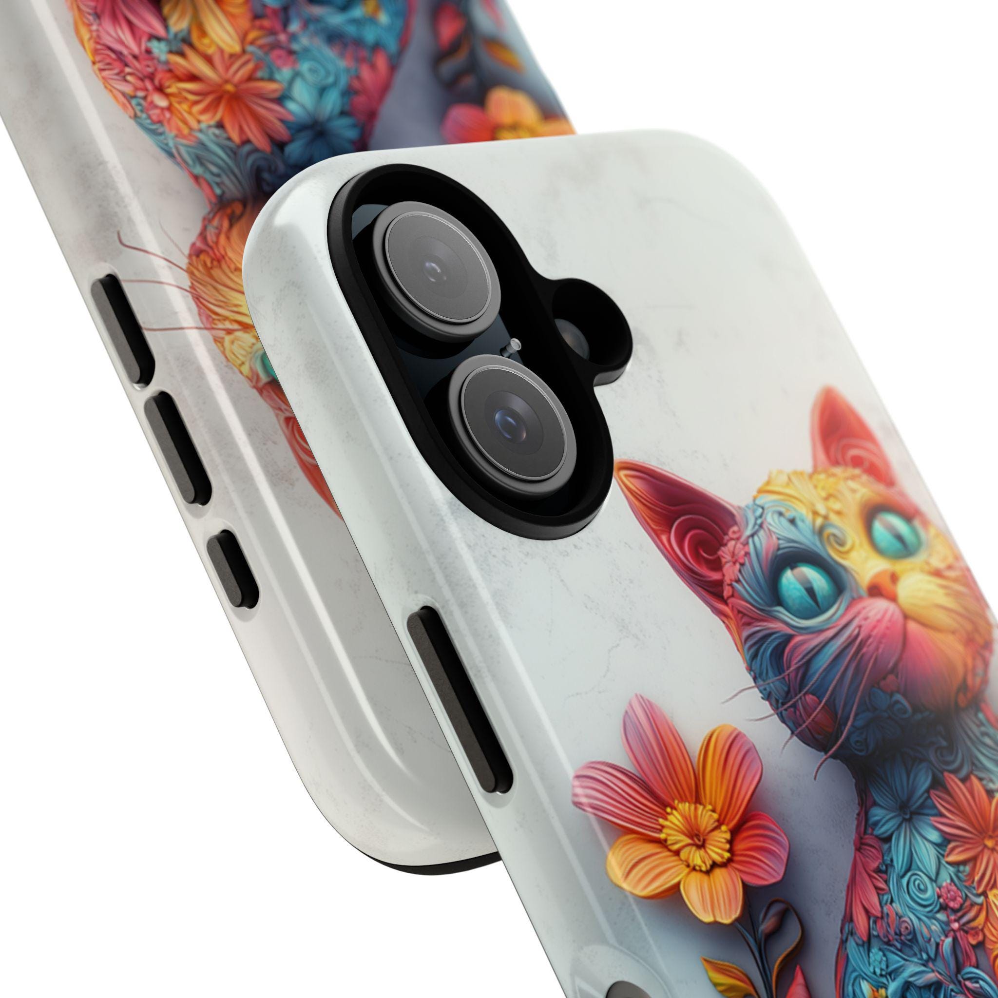 Colorful Floral Cat 3D MagSafe Phone Case, Abstract Fantasy Cat & Flowers iPhone 16 15 14 13 12 Pro Max Plus / Samsung S24, 439.11