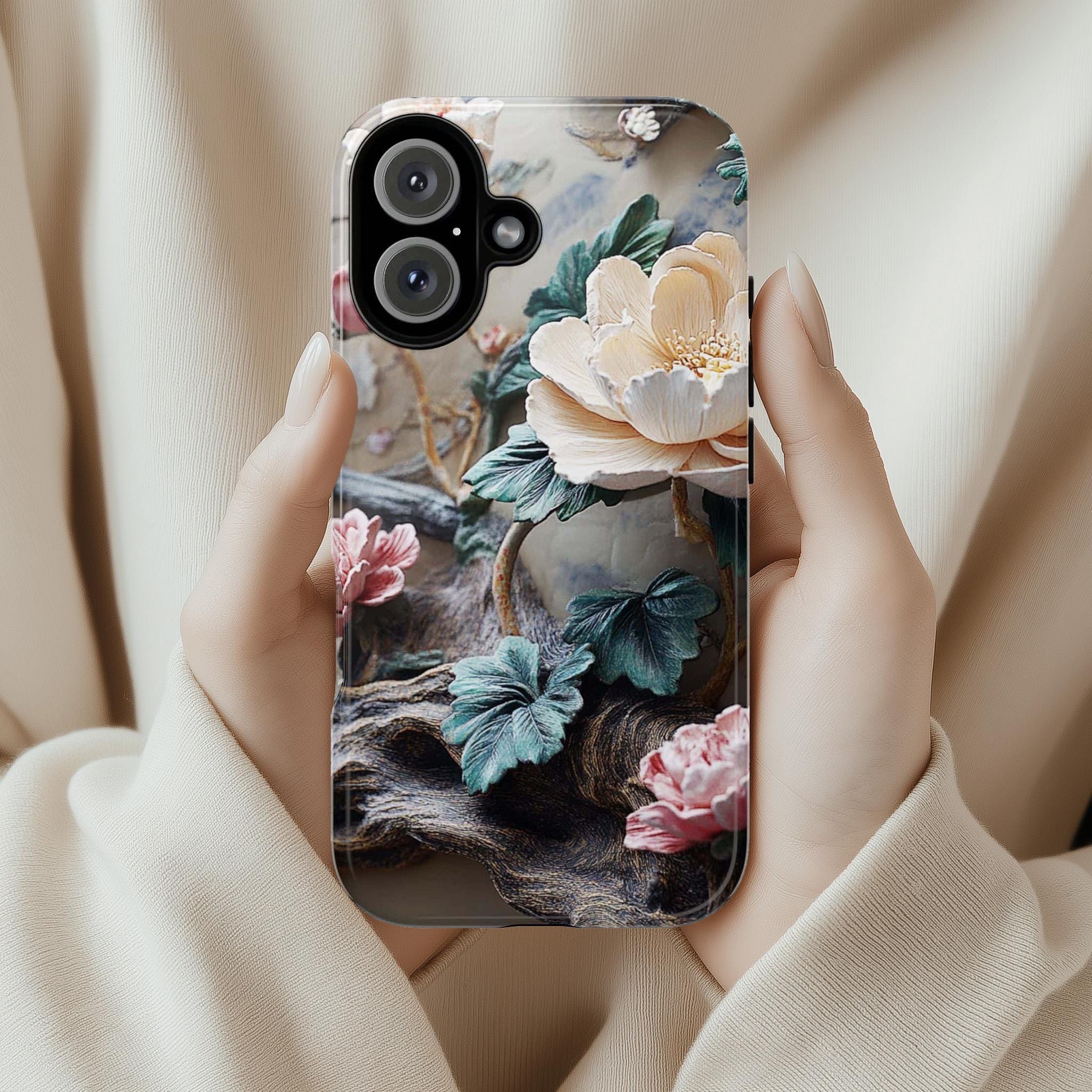 Gothic Botanical Phone Case, 3D Floral Design & Dark Elegance, Pastel Flowers Case for iPhone 16 15 14 13 Tough or Magsafe, Samsung, 476.8
