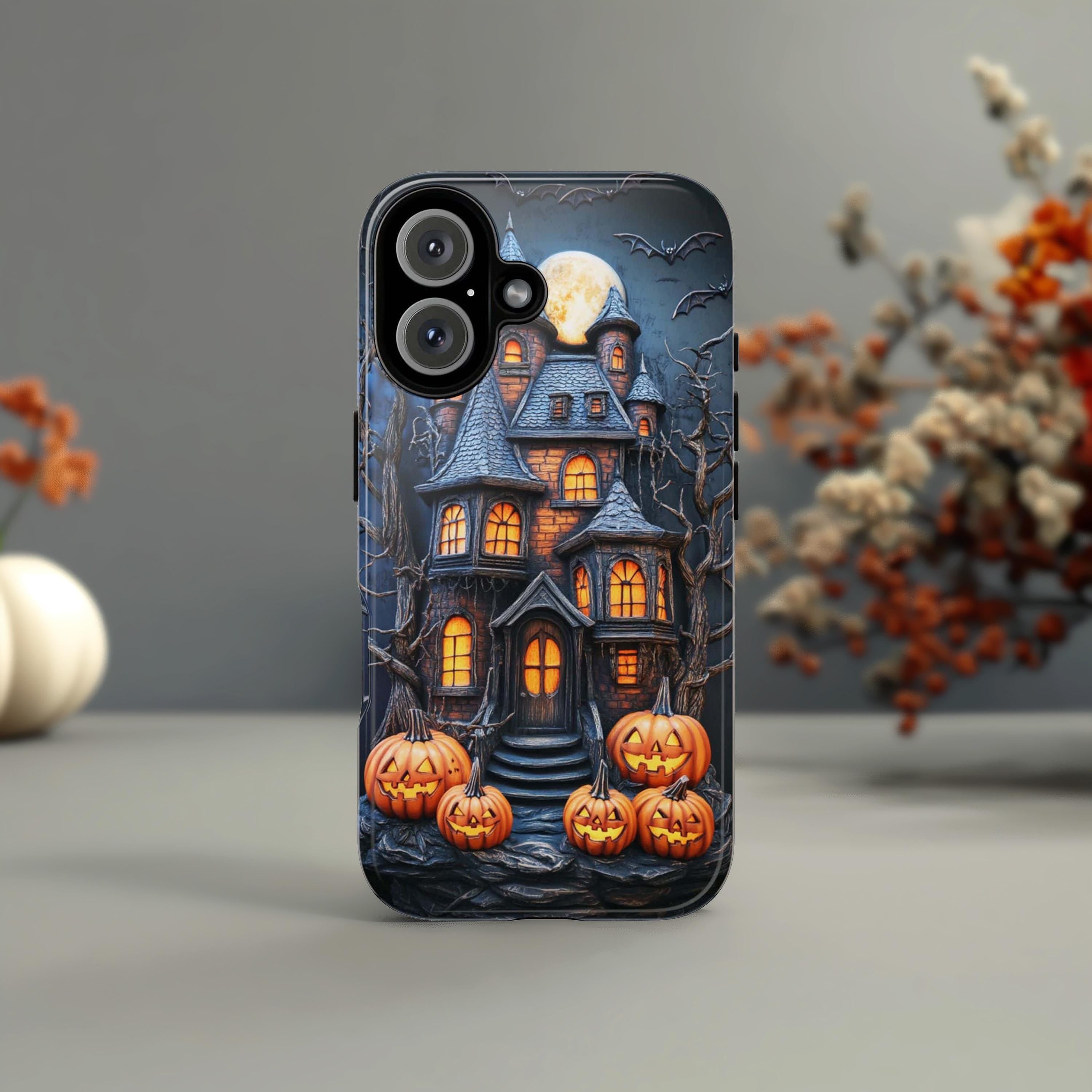 Halloween Haunted House Phone Case, 3D Effect Spooky Design with Pumpkins, Creepy Autumn Cover for iPhone Tough or Magsafe, Samsung, 475.1
