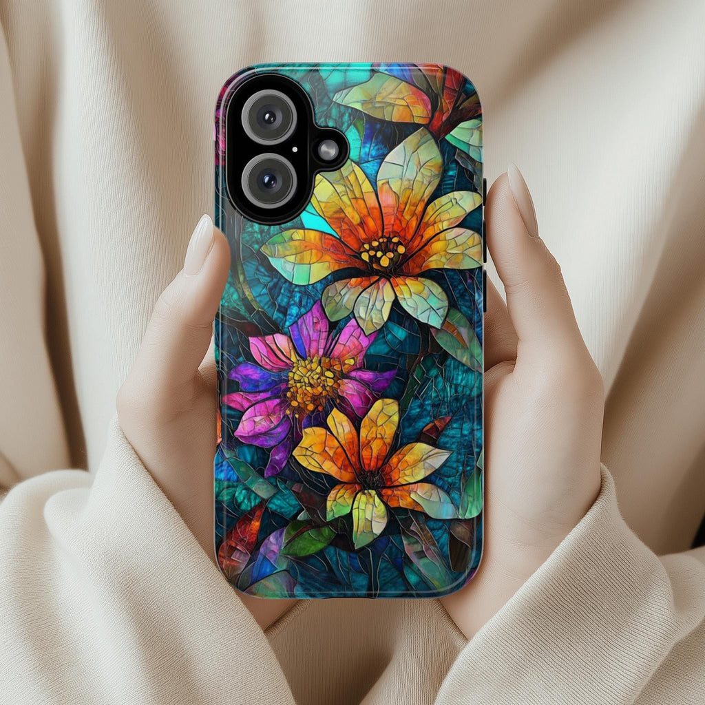 Stained Glass Phone Case with Colorful Flowers, Artistic Protective Cover for iPhone iPhone 16, 15, 14, 13 Magsafe & Samsung, Pixel, 418.23