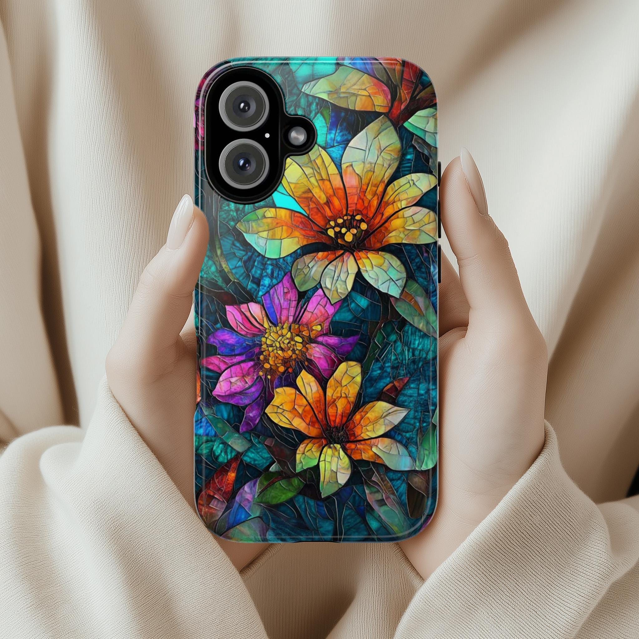 Stained Glass Phone Case with Colorful Flowers, Artistic Protective Cover for iPhone iPhone 16, 15, 14, 13 Magsafe & Samsung, Pixel, 418.23