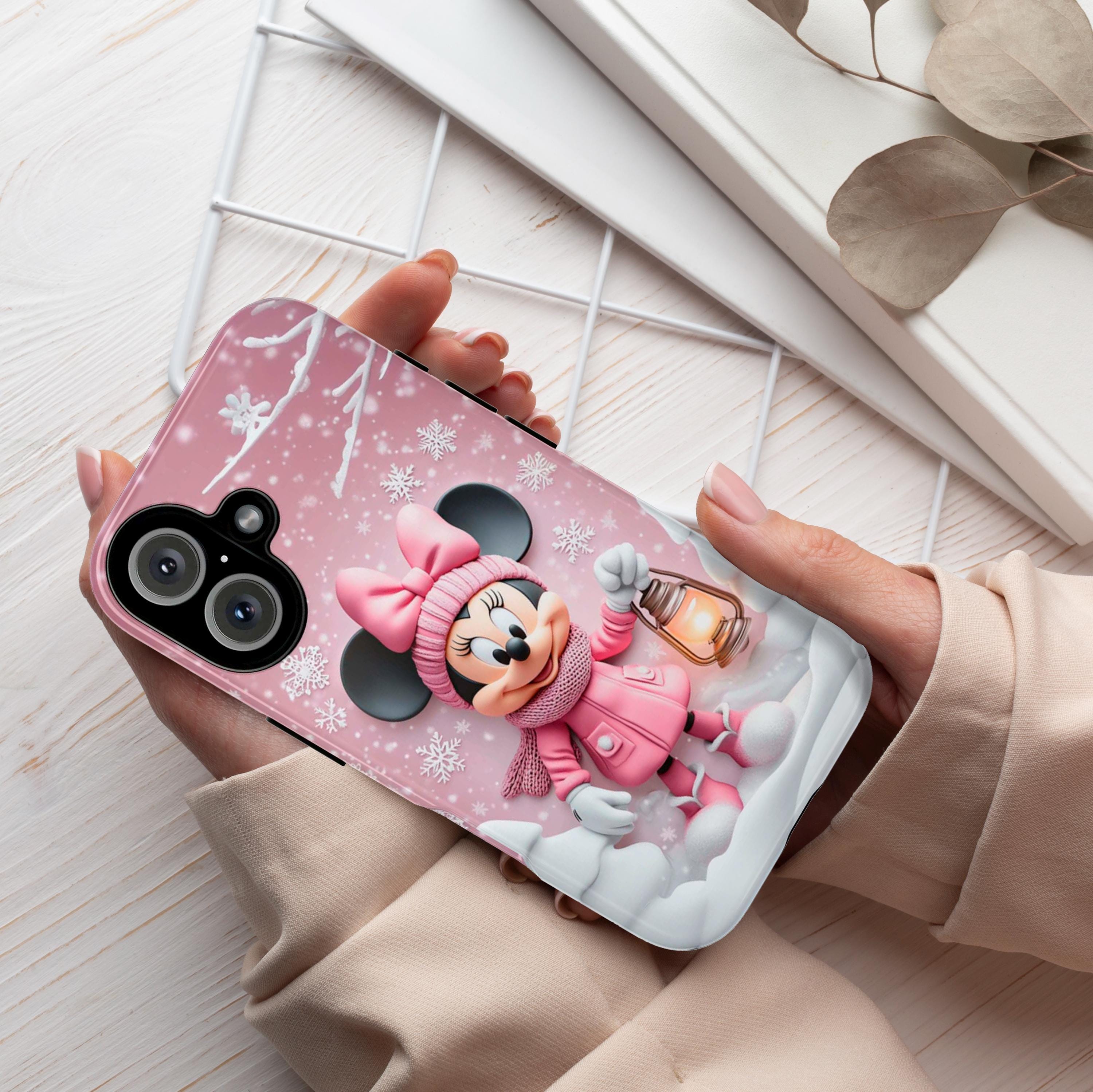 Minnie Mouse 3D Phone Case, Cartoon Xmas Design Pink Minnie Mouse Christmas Phone Case for iPhone 16 15 14 Magsafe, Samsung S24, 442.5