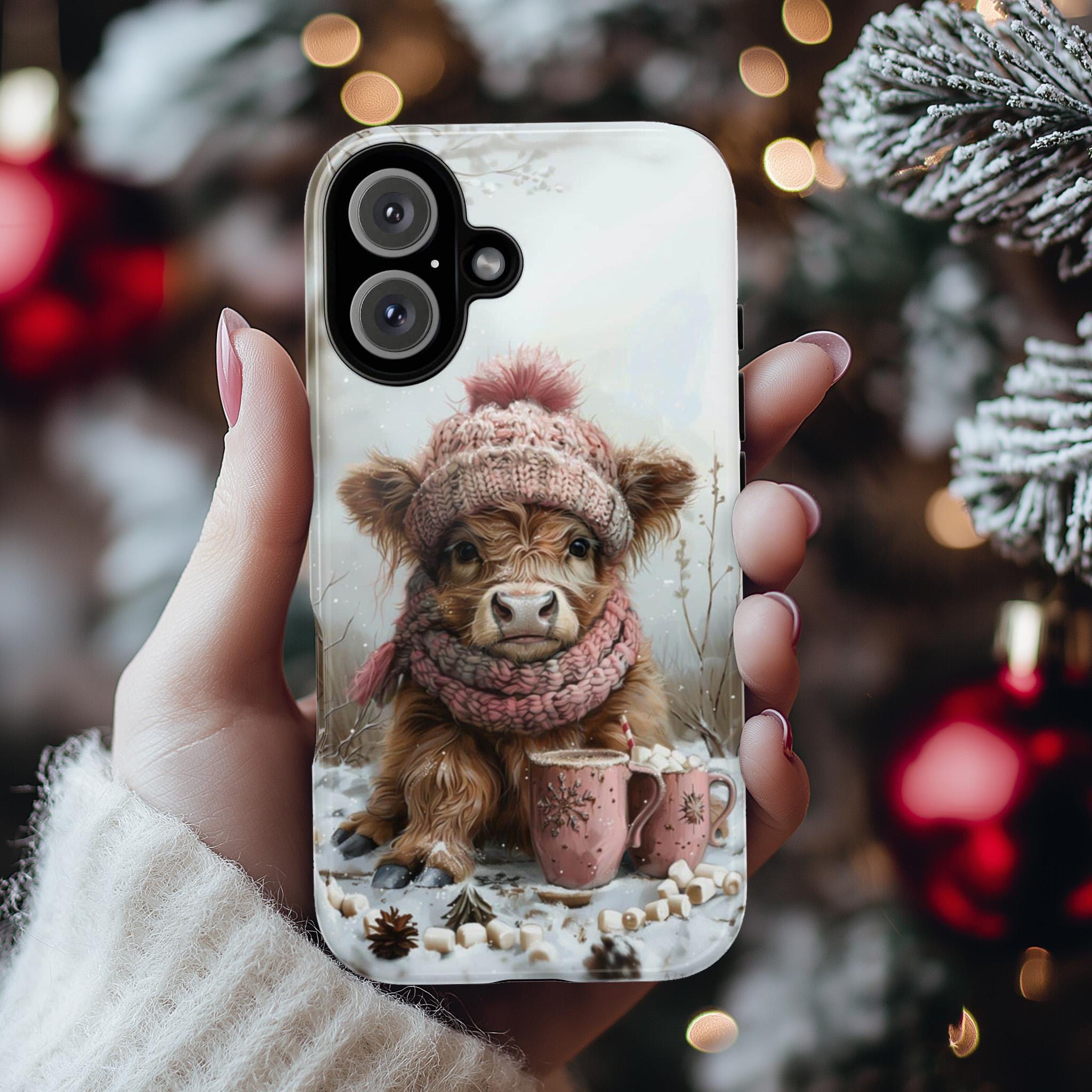 Cute Highland Cow & Winter Forest Phone Case, Festive Xmas Hot Chocolate Marshmellow iPhone 16 15 14 13 Pro Max Plus, Samsung S24, 440.1