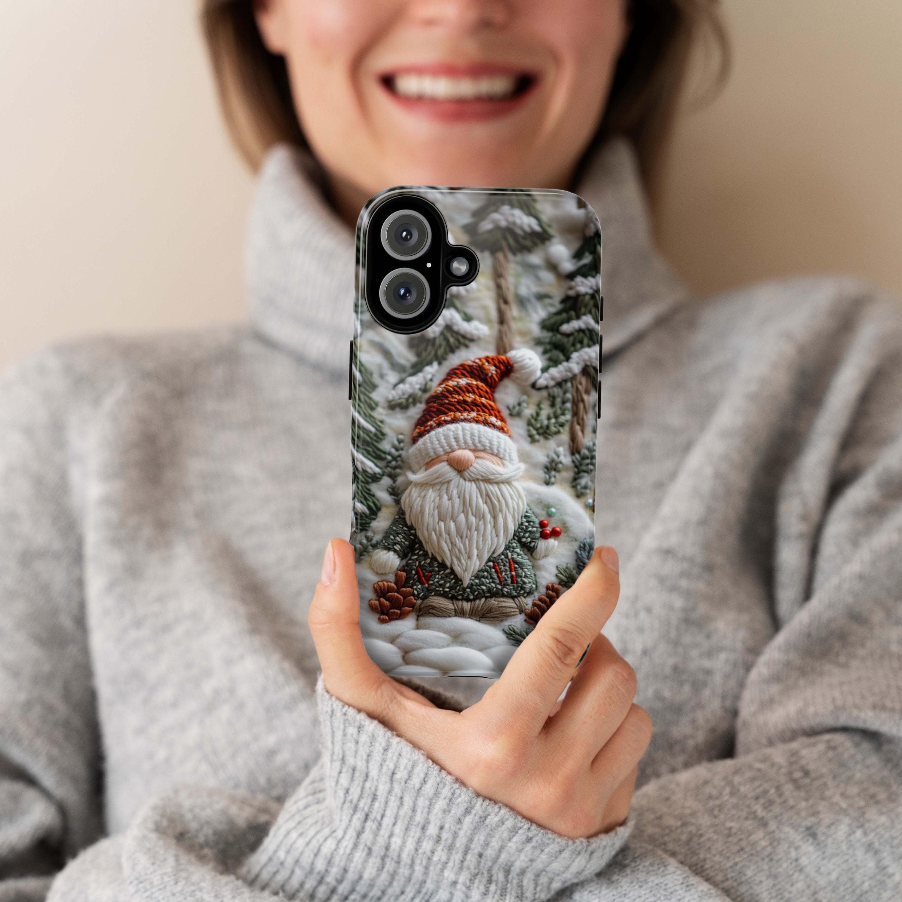 Winter Gnome Embroidery MagSafe Phone Case, Cozy Winter Design with Snowy Forest Phone 15 14 13 12 Pro Max Plus / Samsung S24, 444.9