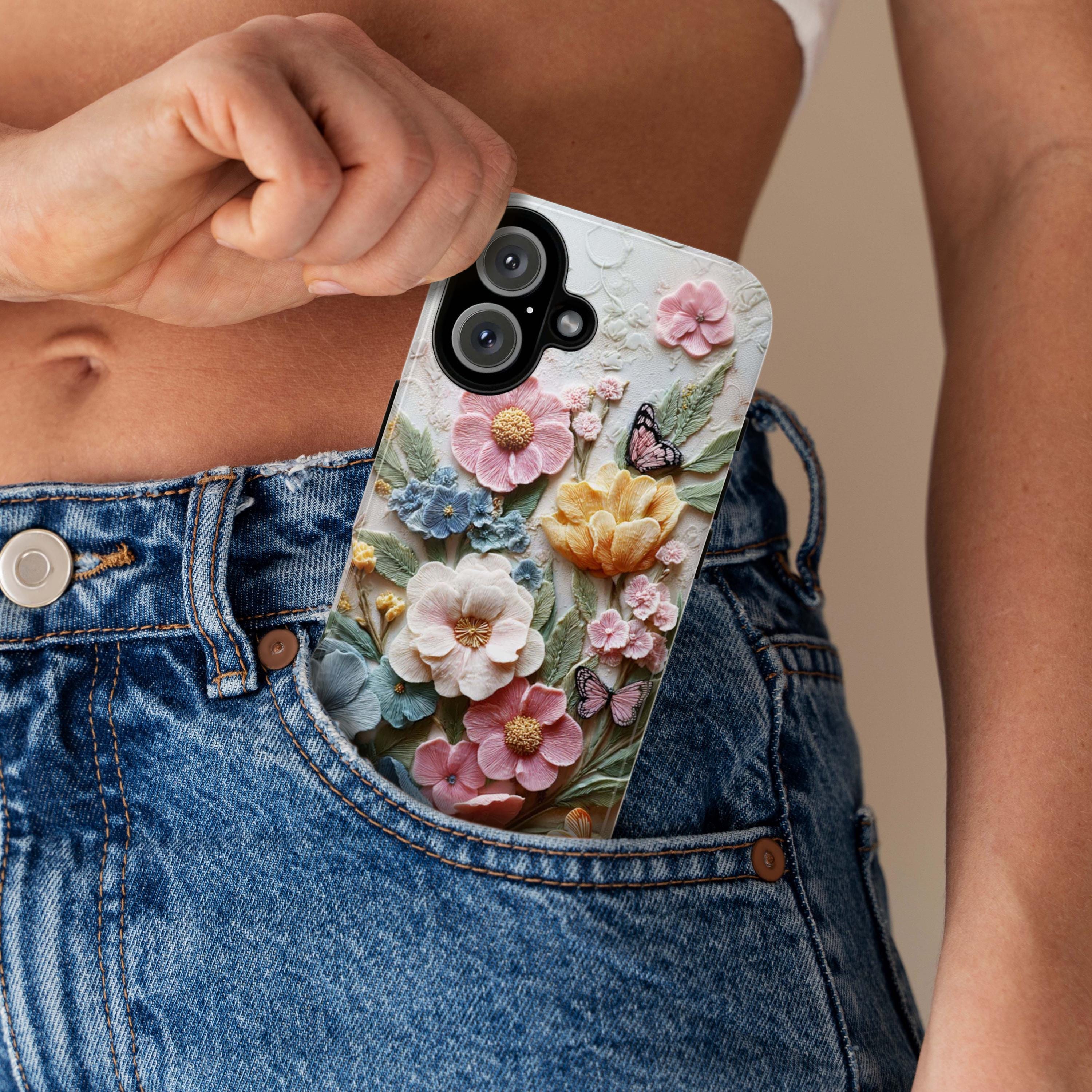 3D Flower and Butterfly Phone Case with Wool Felt Effect, Soft Textured Floral Design Cover for iPhone Tough or Magsafe, Samsung, 476.18