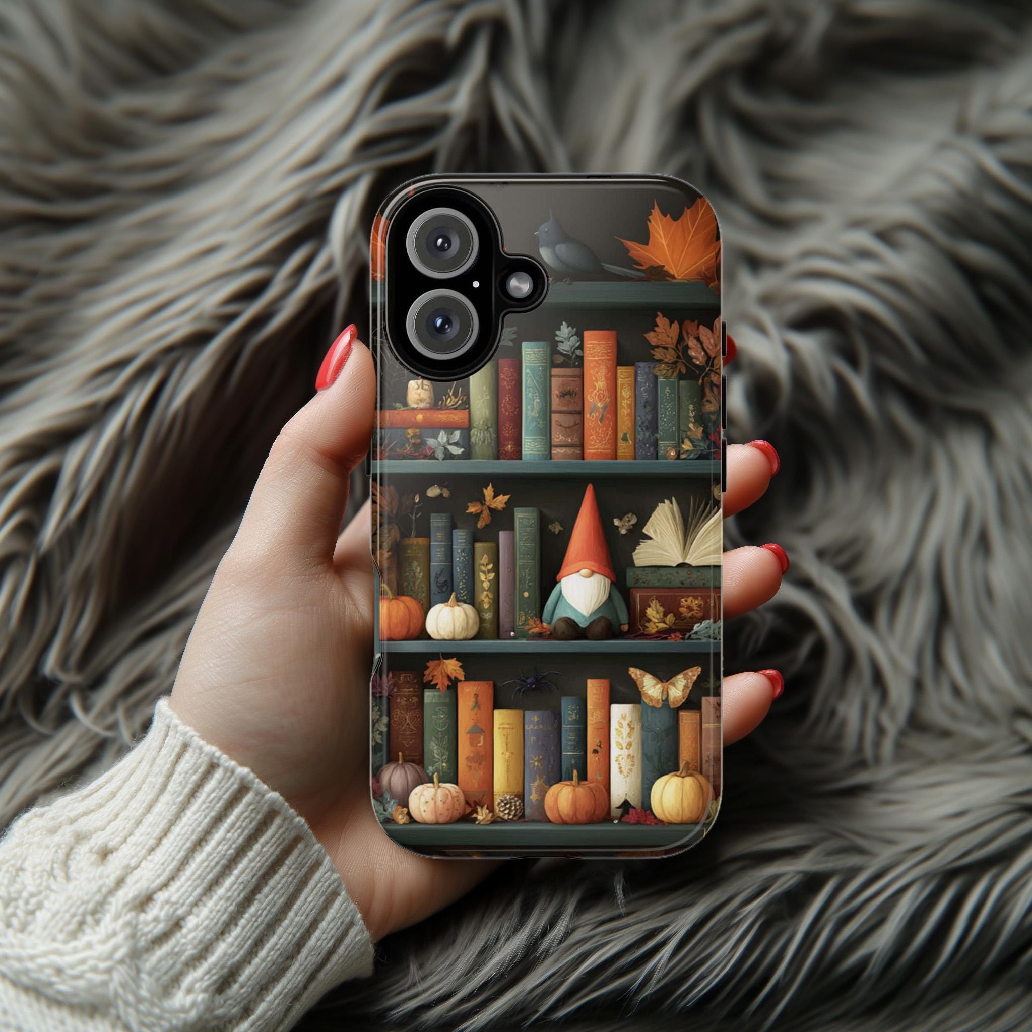 Library Gnome Fall Phone Case, Cute Halloween Gnome with Books, Book Lover Cover for iPhone 17 16 15 Tough or Magsafe, Samsung, 480.6