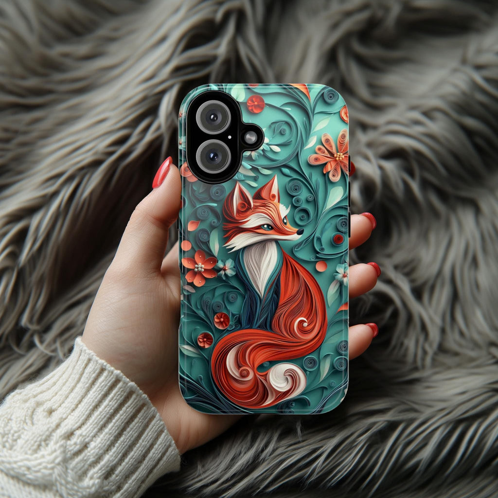3D Fox and Floral Paper Art Phone Case, 3D effect Forest Phone Cove, Artistic Woodland Style Cover for iPhone Tough or MagSafe, 470.9