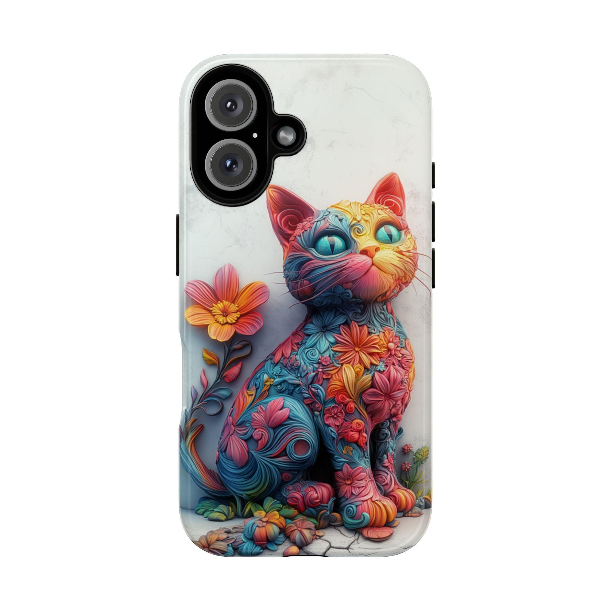 Colorful Floral Cat 3D MagSafe Phone Case, Abstract Fantasy Cat & Flowers iPhone 16 15 14 13 12 Pro Max Plus / Samsung S24, 439.11