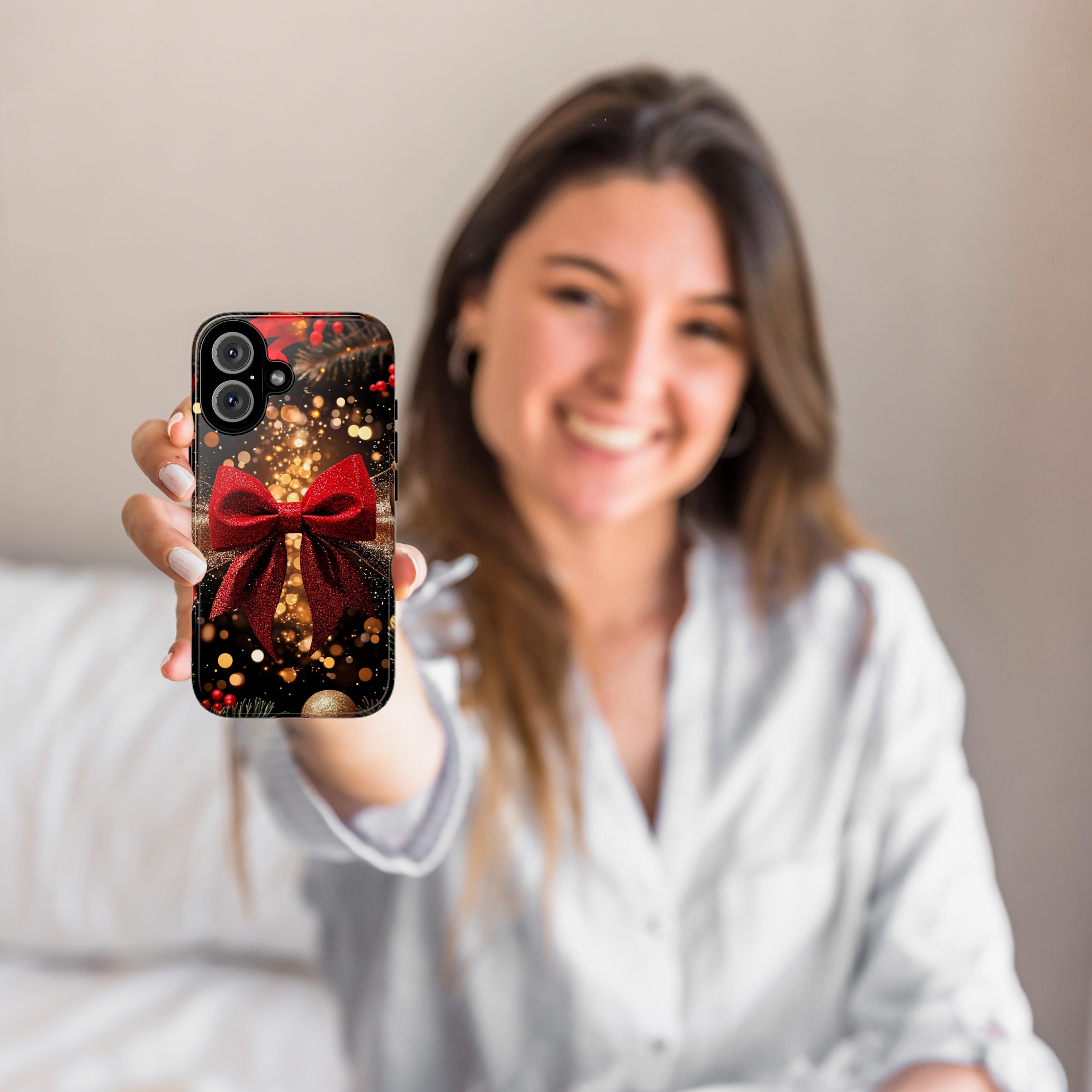 New Year's Eve party Phone Case | Red Gold Glitter Bow Phone Cover, Luxury Bow for iPhone 16 15 14 13 Magsafe of Tough Case, Samsung, 437.6