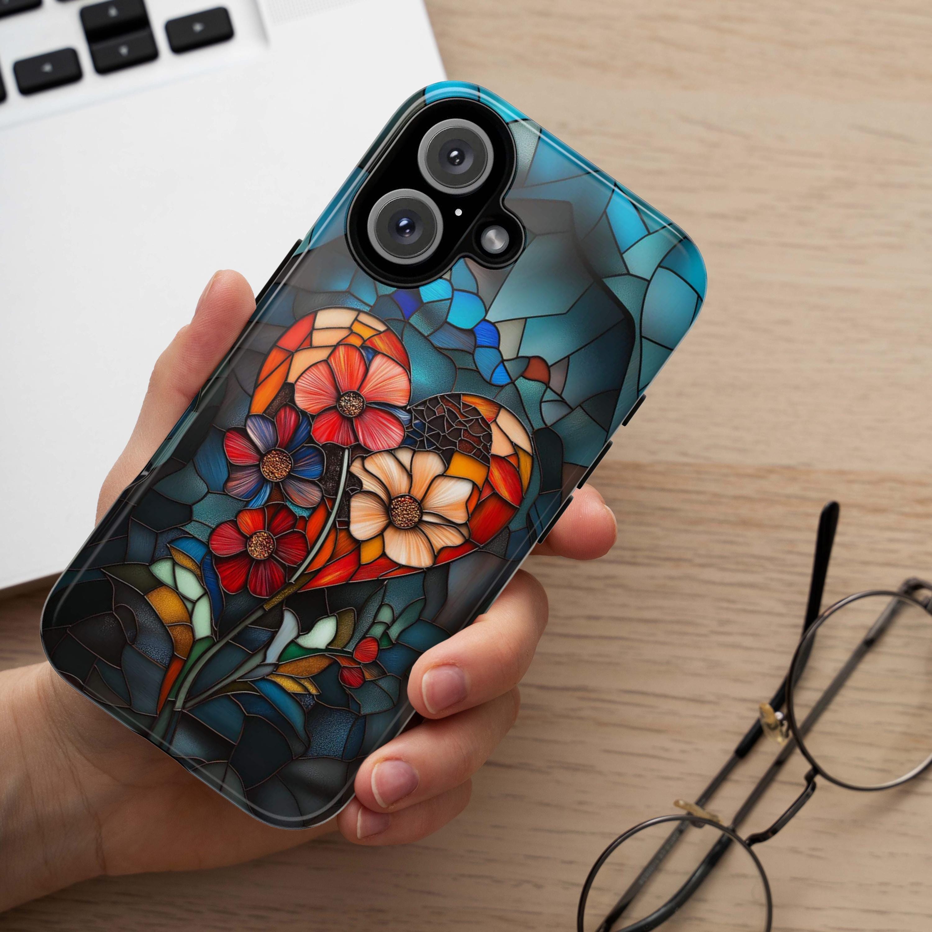 Stained Glass Floral Heart Phone Case, Valentines Day Phone Cover for iPhone 16 15 14 13 Pro Magsafe Samsung Galaxy S24, 418.10
