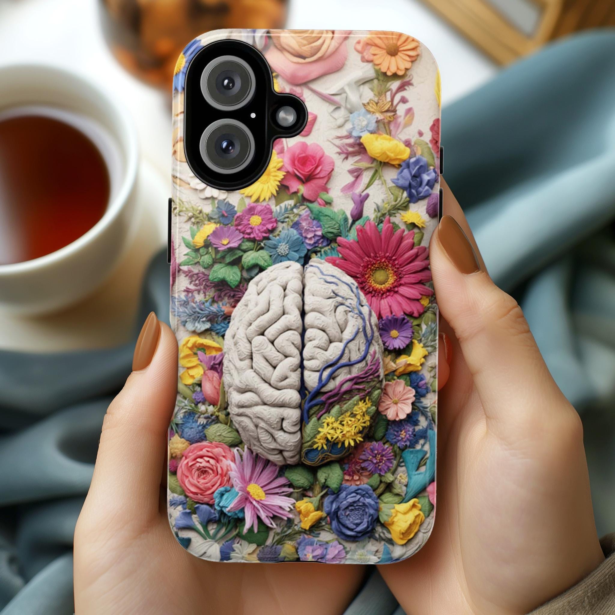 Pastel Anatomical Brain Phone Case, Botanical Meadow Florals | Medical Science Art Case for iPhone 17 16 Tough or Magsafe, Samsung, 430.5