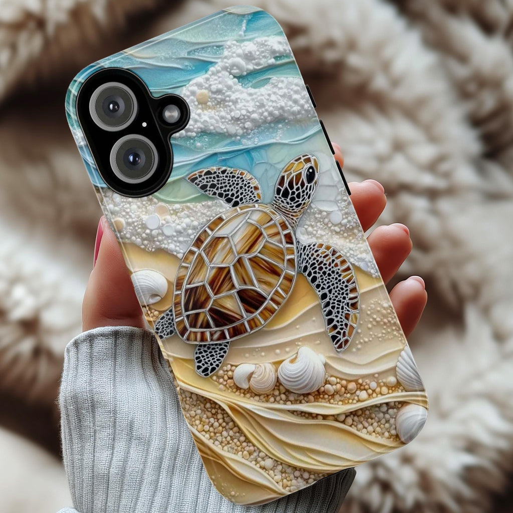 3D Ocean Turtle Beach Phone Case, Sea Waves and Shells Design for iPhone 16, 15, 14, 13 Tough or Magsafe, Samsung Galaxy S25, Pixel 9, 455.9