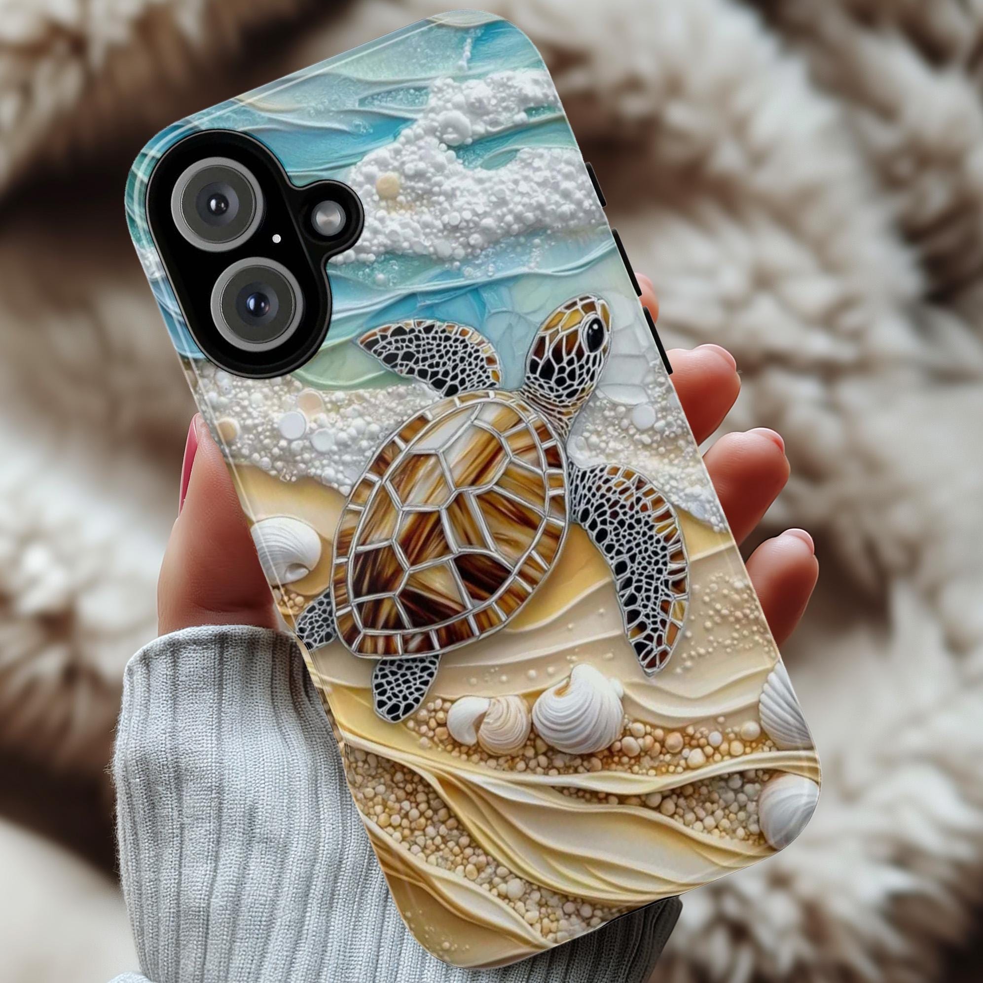 3D Ocean Turtle Beach Phone Case, Sea Waves and Shells Design for iPhone 16, 15, 14, 13 Tough or Magsafe, Samsung Galaxy S25, Pixel 9, 455.9